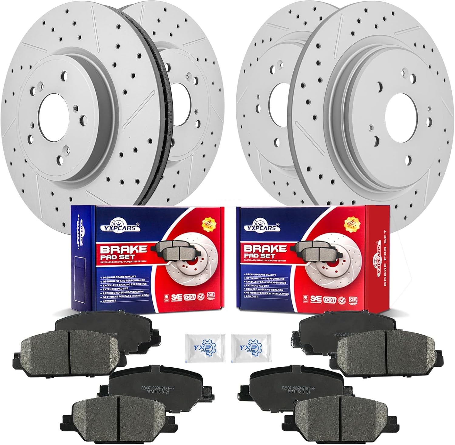 Front & Rear Drilled Slotted Rotors and Ceramic Disc Brake Pads Kit for Honda Cr-V 2017-2019, Cr-V 2020 1.5L Gas, Cr-V 2021 2002 2023 Gas