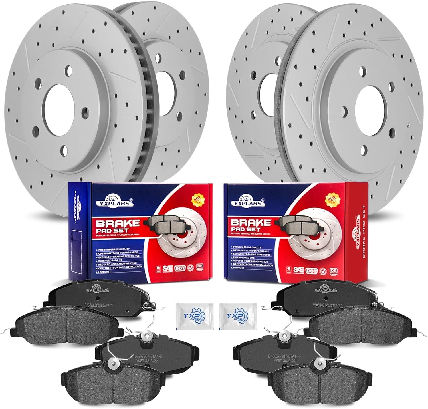 Front & Rear Drilled Slotted Rotors and Ceramic Disc Brake Pads Kit for Ford Mustang 2005 2006 2007 2008 2009 2010 Base V6 4.0L (Front Rotor 293.0 mm)