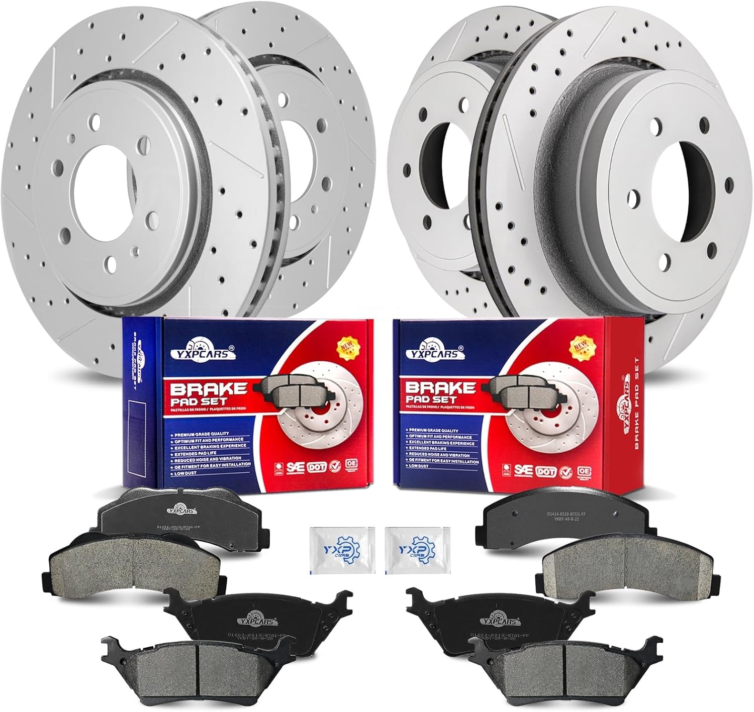 Front & Rear Drilled Slotted Rotors and Ceramic Disc Brake Pads Kit for Ford F-150 2012 2013 2014 with 6 Lug Wheels