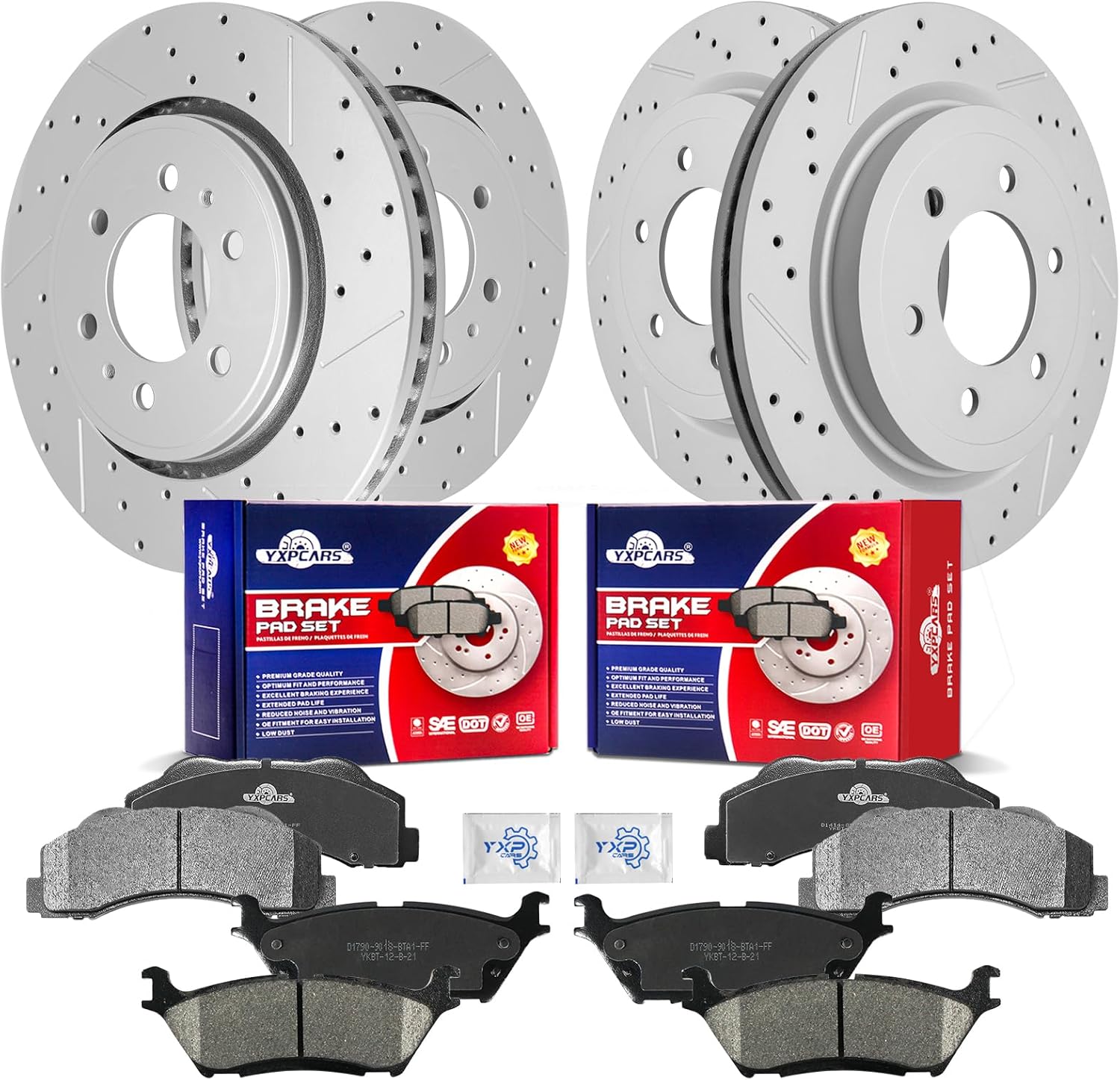 Front & Rear Drilled Slotted Rotors and Ceramic Disc Brake Pads Kit for Lincoln Navigator 2018-2021, for Ford Expedition 2018-2021/ F-150 2018 2019 2020 Electric Parking Brake