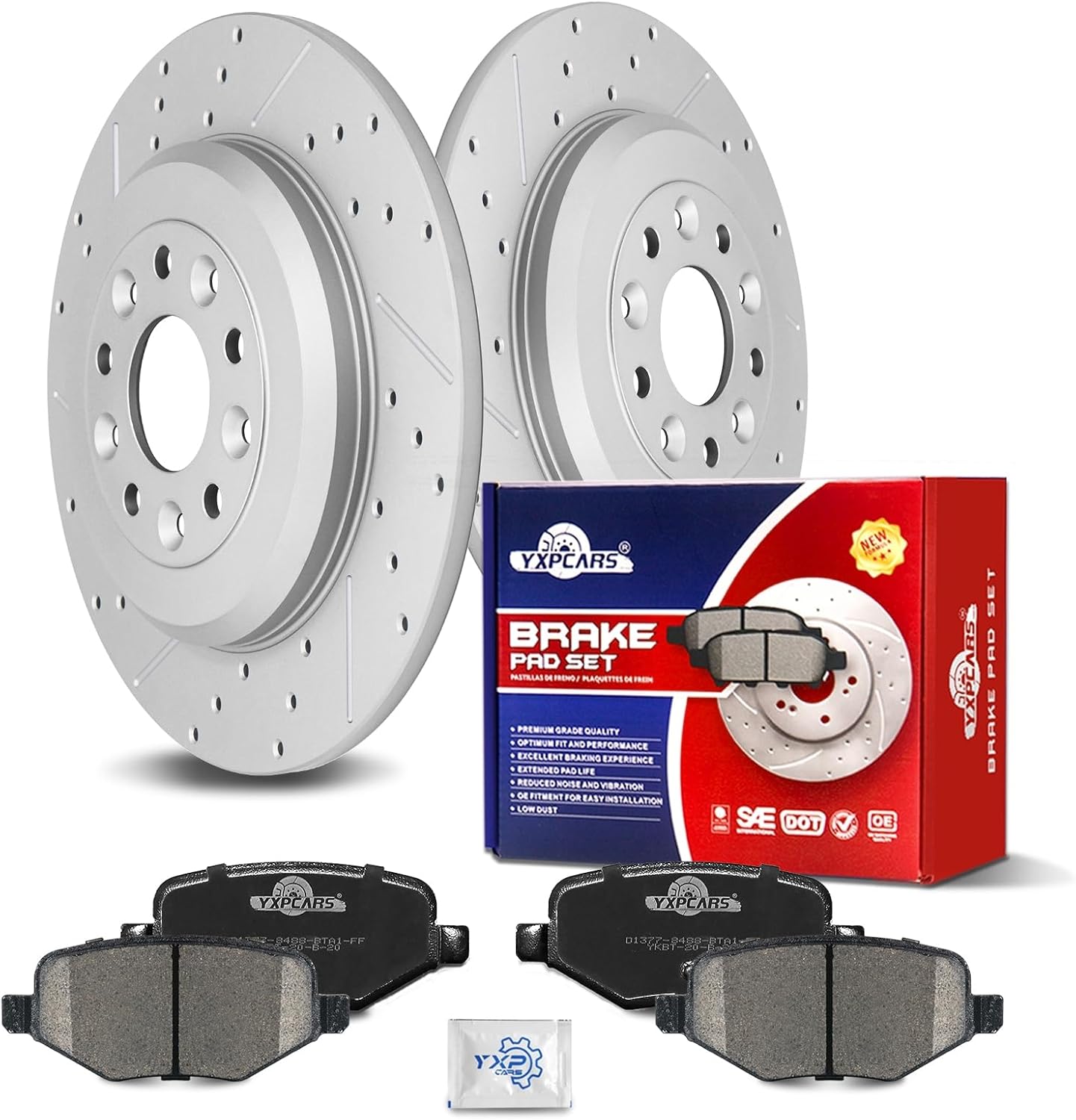 Ceramic Rear Brakes Pad and Rotors Drilled Slotted Solid Replacement Disc Brake Kits for Ford Edge/Explorer/Flex/Taurus, for Lincoln Mks/Mkt/Mkx