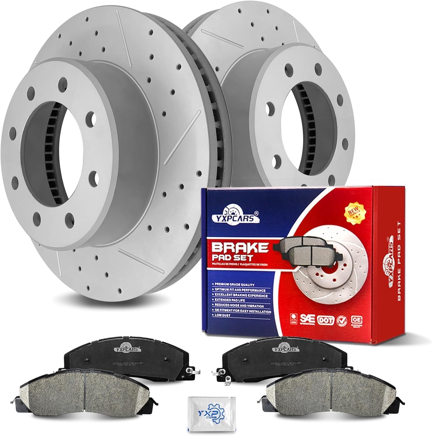 Ceramic Front Brakes Pad and Rotors Drilled Slotted Vented Disc Brake Kits for Dodge Ram 2500/3500 2009-2010, for Ram 2500/3500 2011-2018, for Ram 1500 2012 With 8 Lug