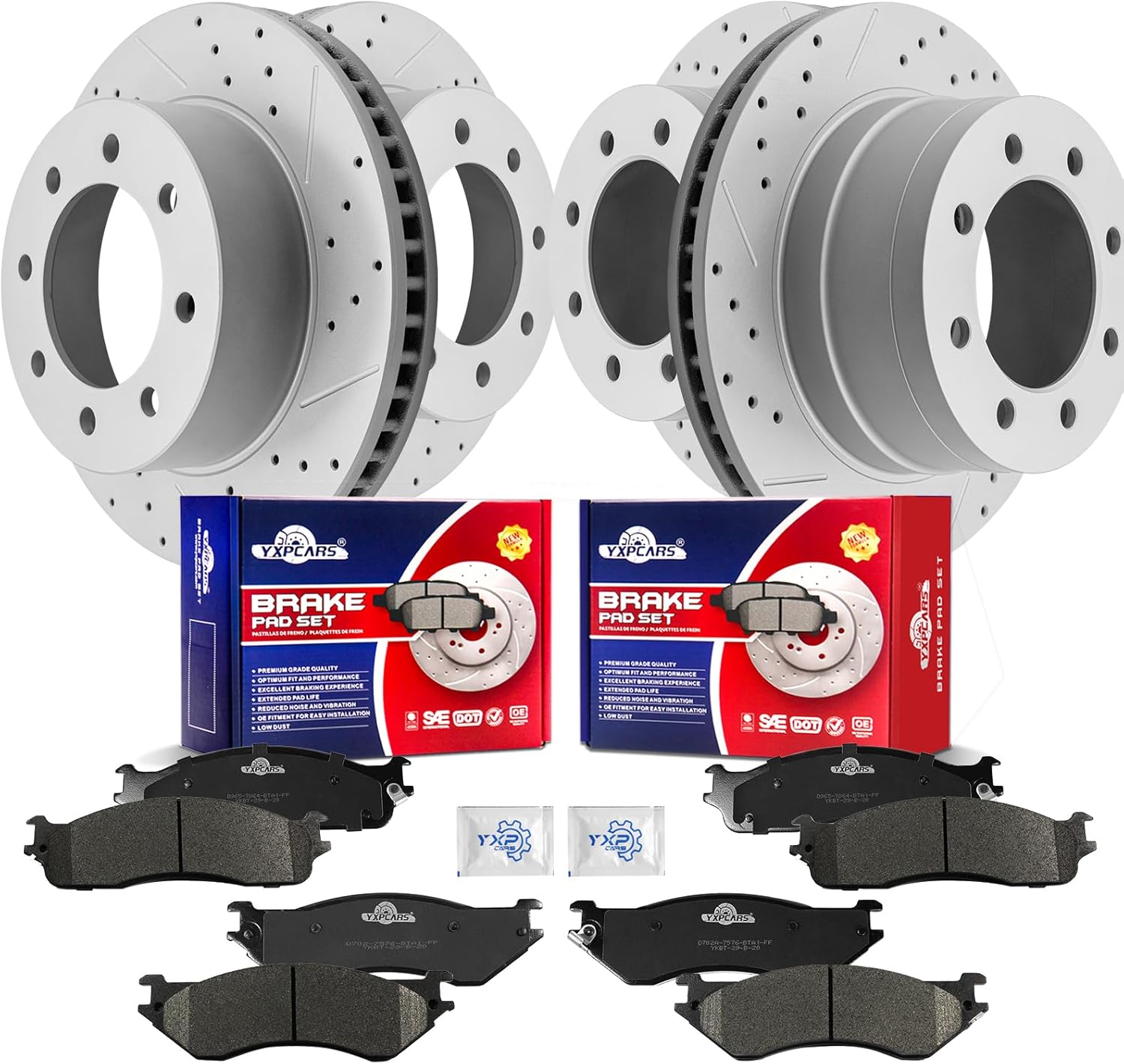 Front & Rear Drilled Slotted Rotors and Ceramic Disc Brake Pads Kit for Dodge Ram 1500 2006-2008 8 Lug Extended Crew Cab, for Dodge Ram 2500 2003-2008 (2Wd And 4Wd)