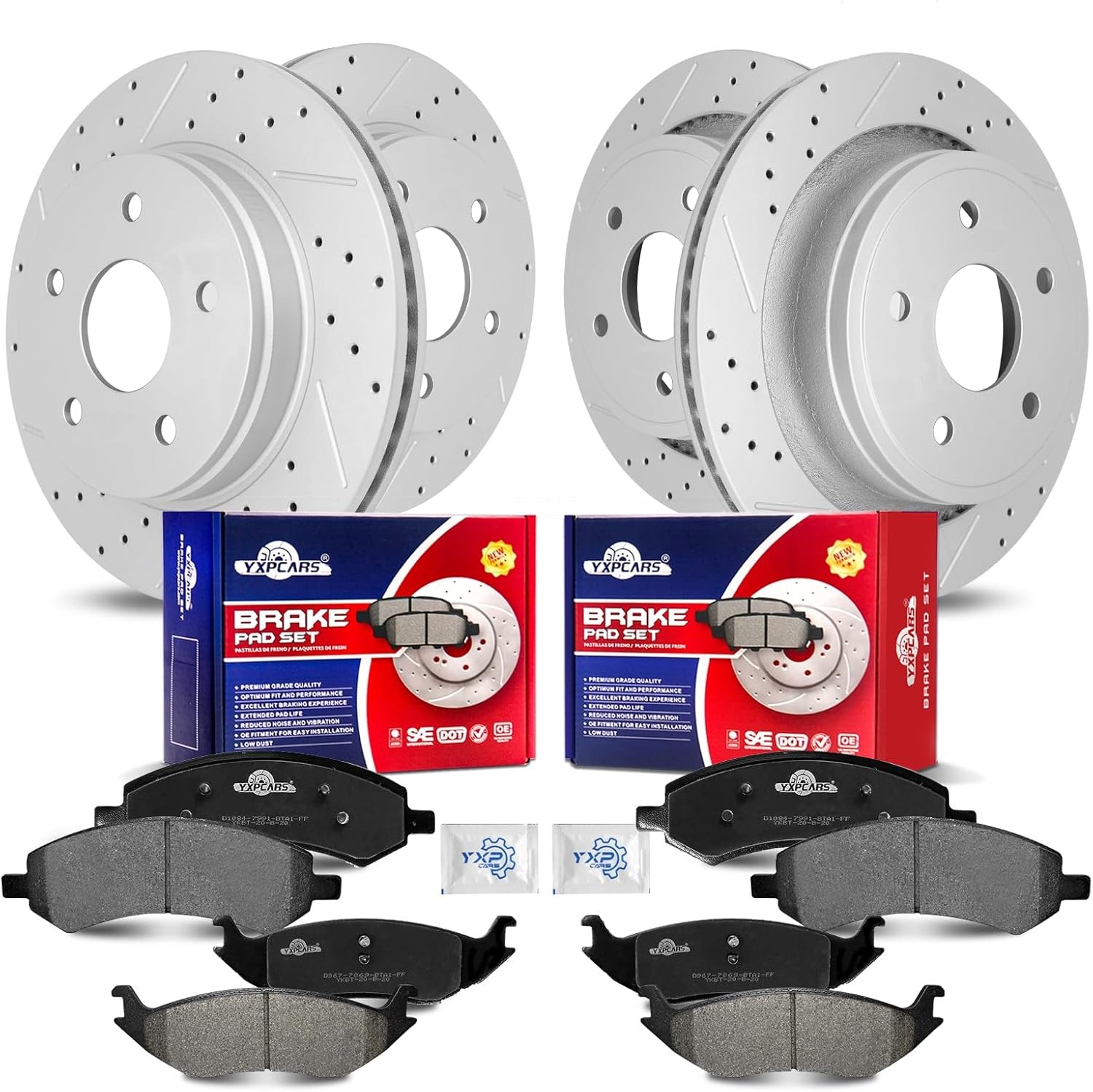 Front & Rear Drilled Slotted Rotors and Ceramic Disc Brake Pads Kit for Dodge Ram 1500 2006-2010/ Durango 2007-2009, for Ram 1500 2011-2018/1500 Classic 2019-2023, for Chrysler Aspen 2007 2008 2009