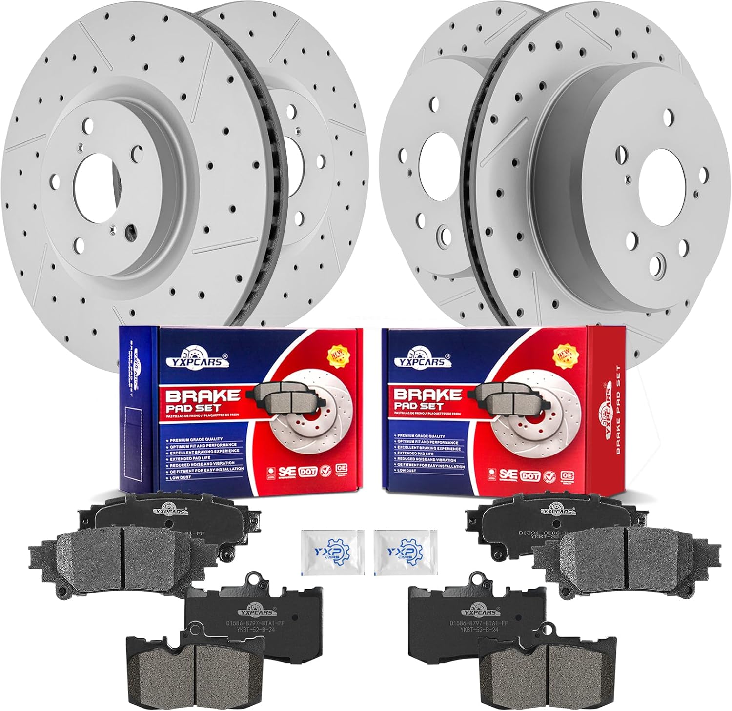 Front & Rear Drilled Slotted Rotors and Ceramic Disc Brake Pads Kit for Lexus GS450H 2014/ IS350 2014-2015/ RC200T IS200T 2016/ GS200T/ IS300 2016-2017/ IS350 2017