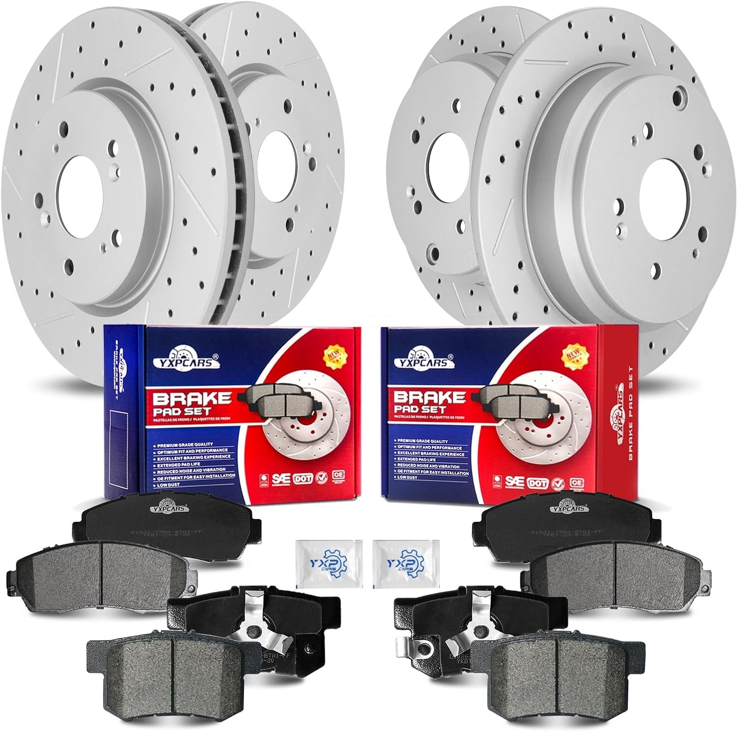Front & Rear Drilled Slotted Rotors and Ceramic Disc Brake Pads Kit for Honda Cr-V 2012 - 2016 Awd