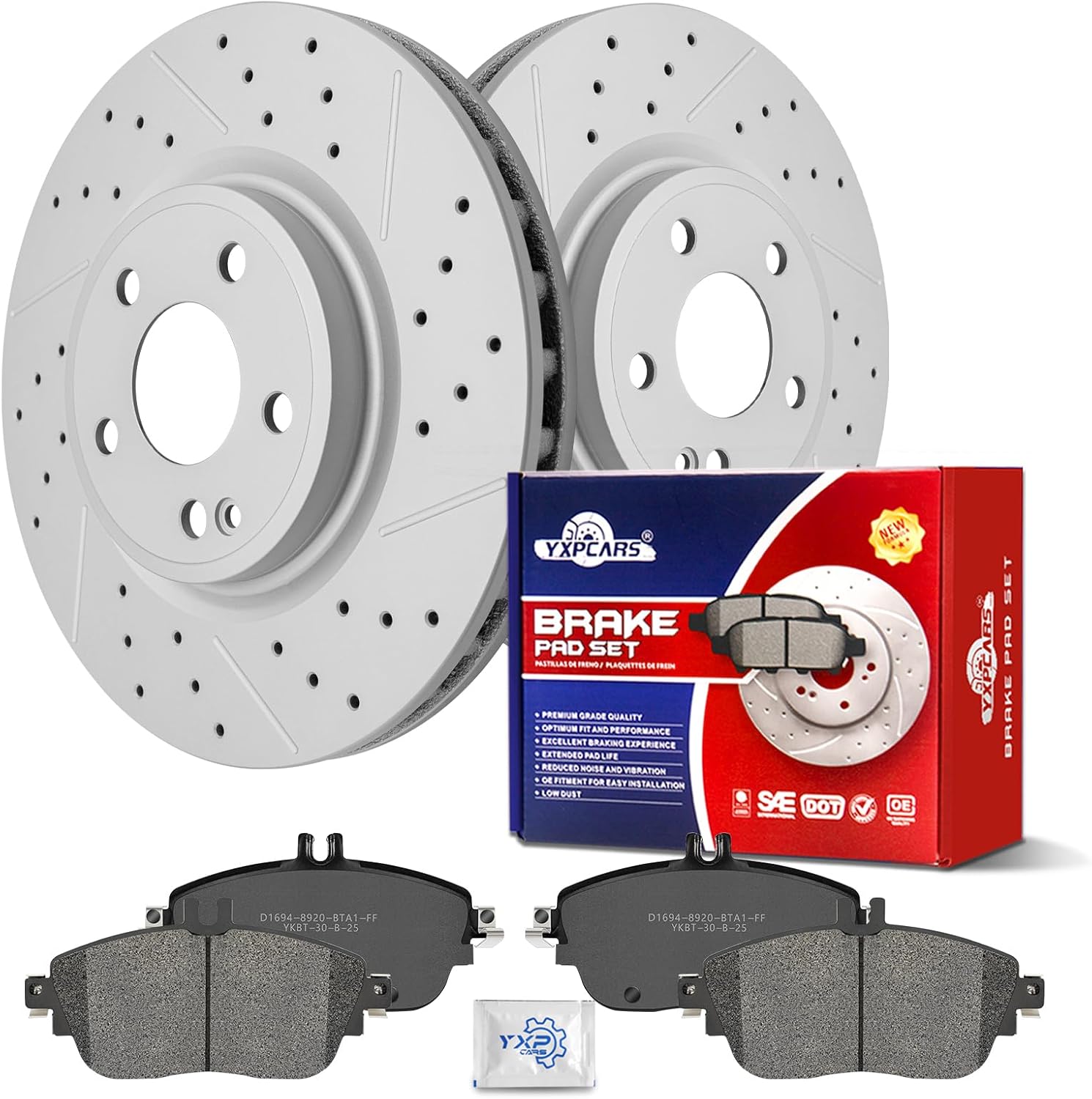 Ceramic Front Brakes Pad and Rotors Drilled Slotted Vented Disc Brake Kits for Mercedes-Benz Cla250 2014-2019/ Gla250 2015-2020 With Sport Package