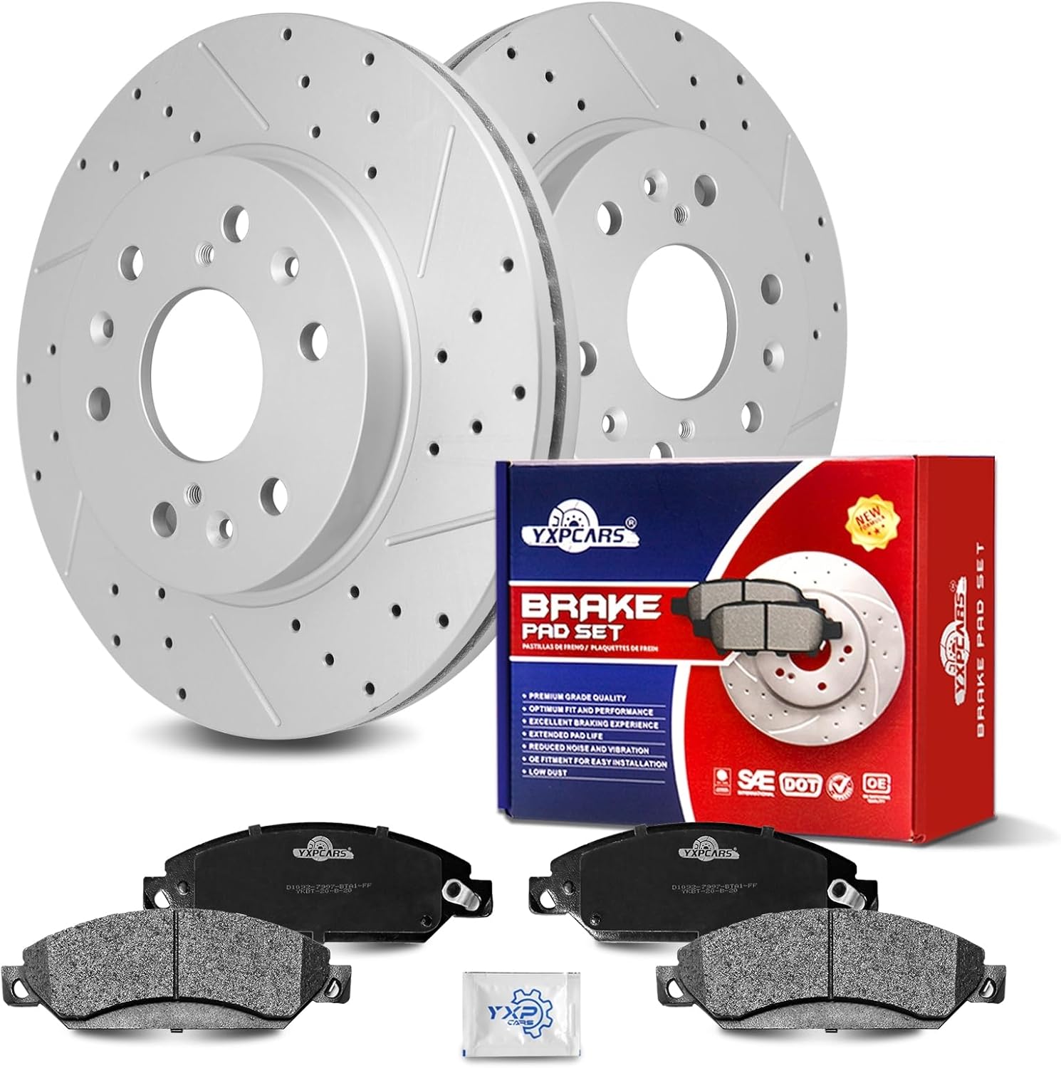 Ceramic Front Brakes Pad and Rotors Drilled Slotted Vented Replacement Disc Brake Kits for Cadillac Escalade (Esv) 2007-2018, Escalade Ext 2007 2008 2009 2010 2011 2012 2013