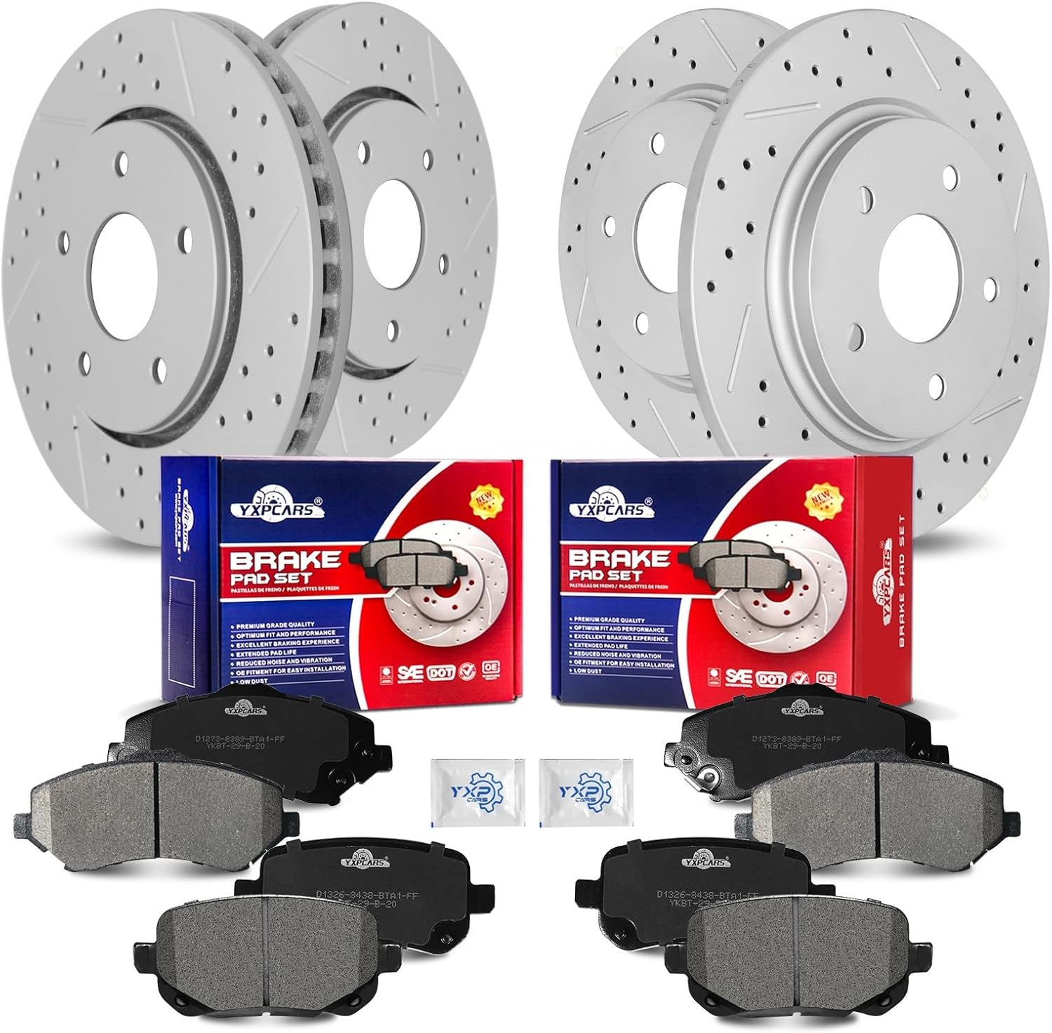Front & Rear Drilled Slotted Rotors and Ceramic Disc Brake Pads Kit for Chrysler Town & Country 2008-2011, for Dodge Grand Caravan 2008-2011/ Journey 2009-2011,for Volkswagen Routan 2009-2011