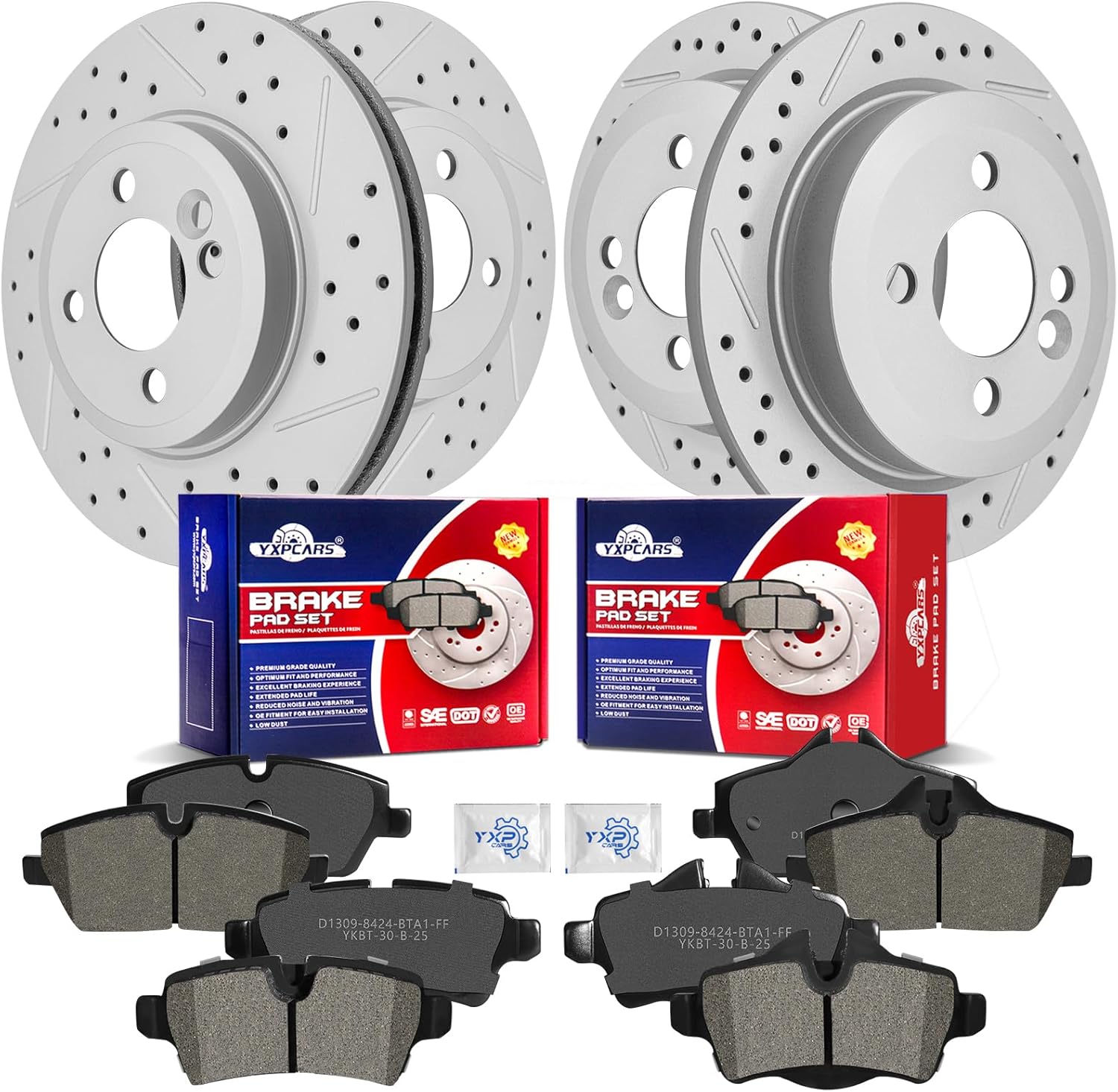Front & Rear Drilled Slotted Rotors and Ceramic Disc Brake Pads Kit for Mini Cooper 2007-2008 Base Hatchback, Cooper 2009-2011 Base/Clubman, Cooper 2012-2013 Base/Clubman/Coupe/Roadster