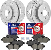 Front & Rear Drilled Slotted Rotors and Ceramic Disc Brake Pads Kit for Mini Cooper 2007-2008 Base Hatchback, Cooper 2009-2011 Base/Clubman, Cooper 2012-2013 Base/Clubman/Coupe/Roadster