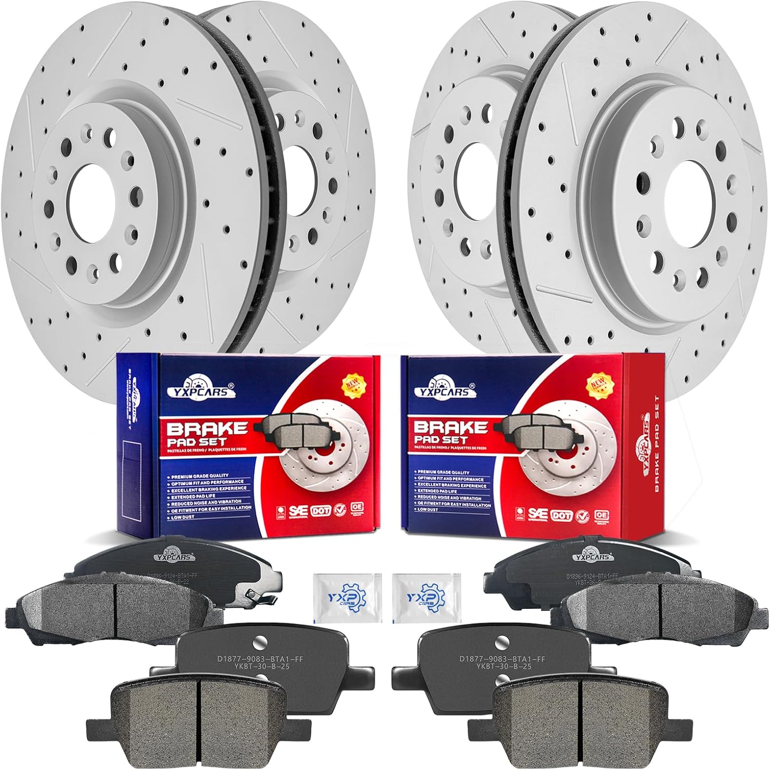 Front & Rear Drilled Slotted Rotors and Ceramic Disc Brake Pads Kit for Cadillac Xt5 2017 2018 2019 2020, for Buick Enclave 2018-2019 4WD