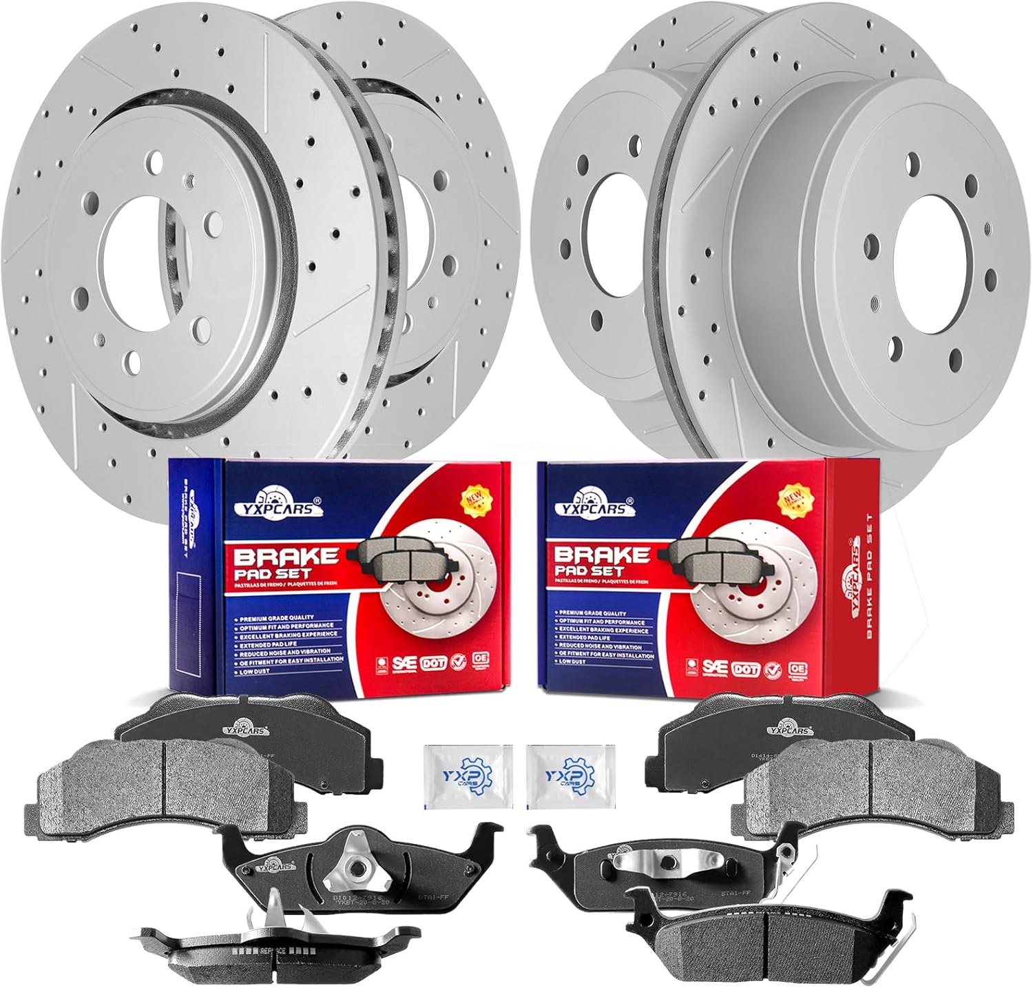 Front & Rear Drilled Slotted Rotors and Ceramic Disc Brake Pads Kit for Ford F-150 2010-2011 with 6 Lug
