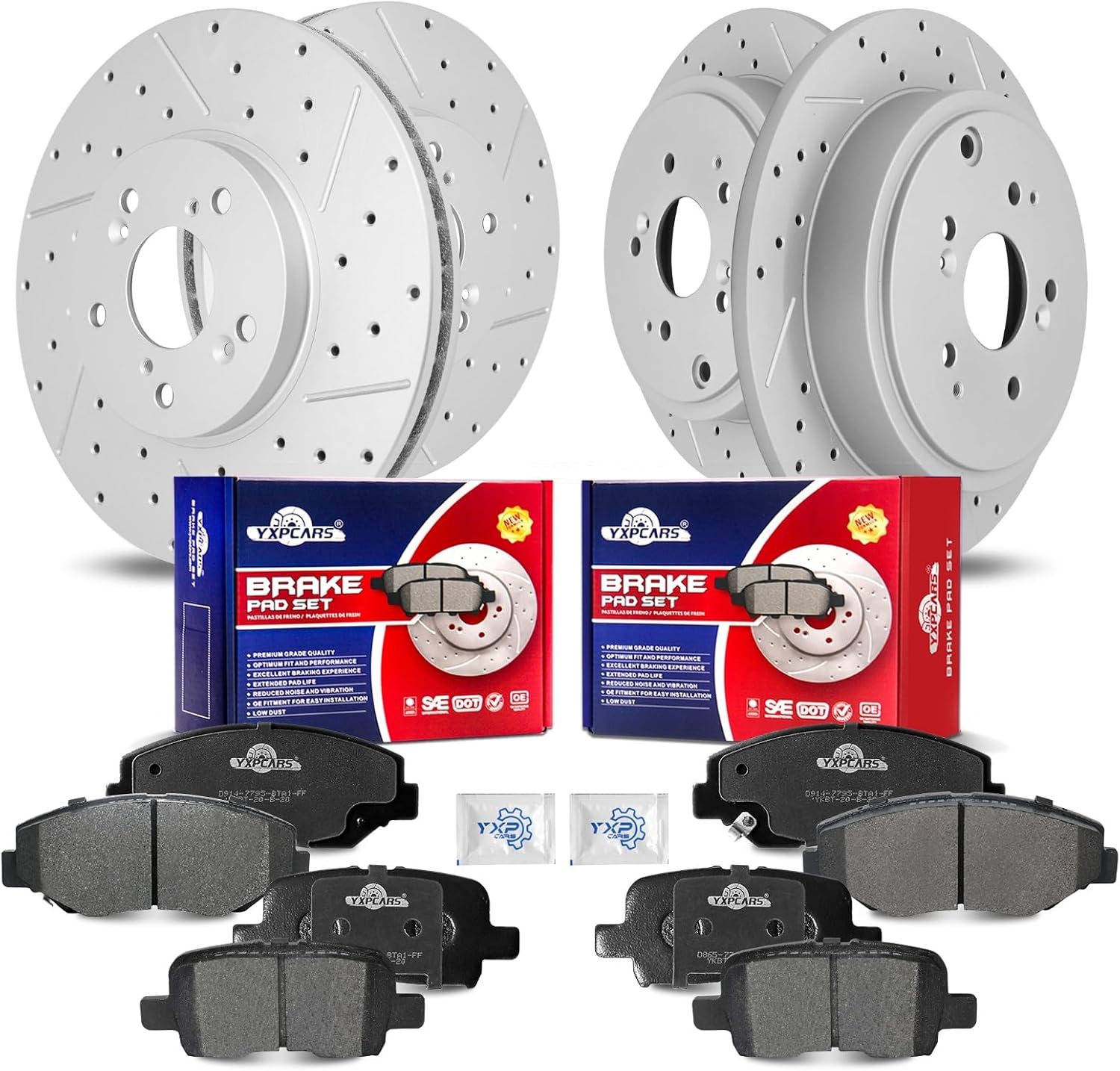 Front & Rear Drilled Slotted Rotors and Ceramic Disc Brake Pads Kit for Honda Pilot 2003 2004 2005 2006 2007 2008