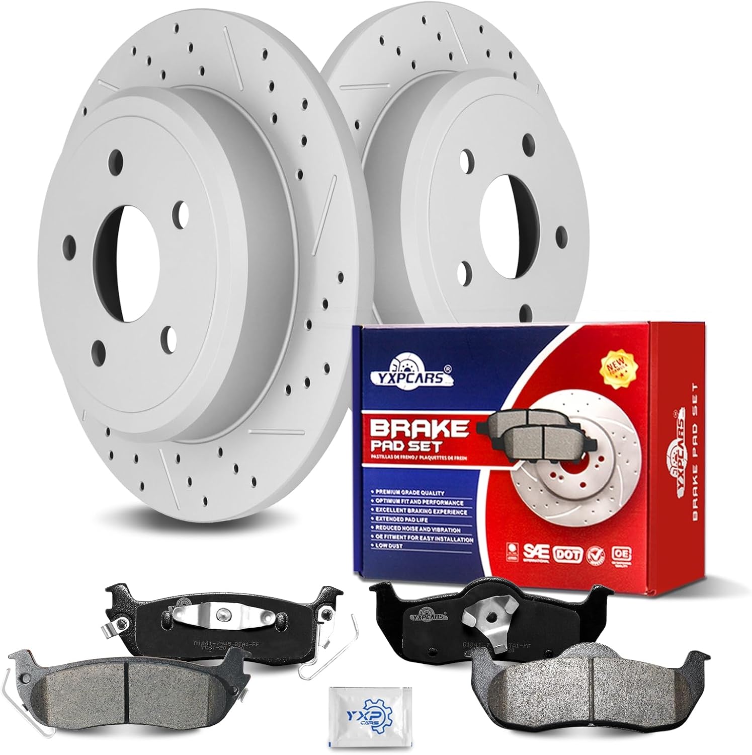 Ceramic Rear Brakes Pad and Rotors Drilled Slotted Solid Disc Brake Kits for Jeep Commander (Xk) 2006-2010/ Grand Cherokee 2005/ Grand Cherokee 2006-2010 Excluding Srt8