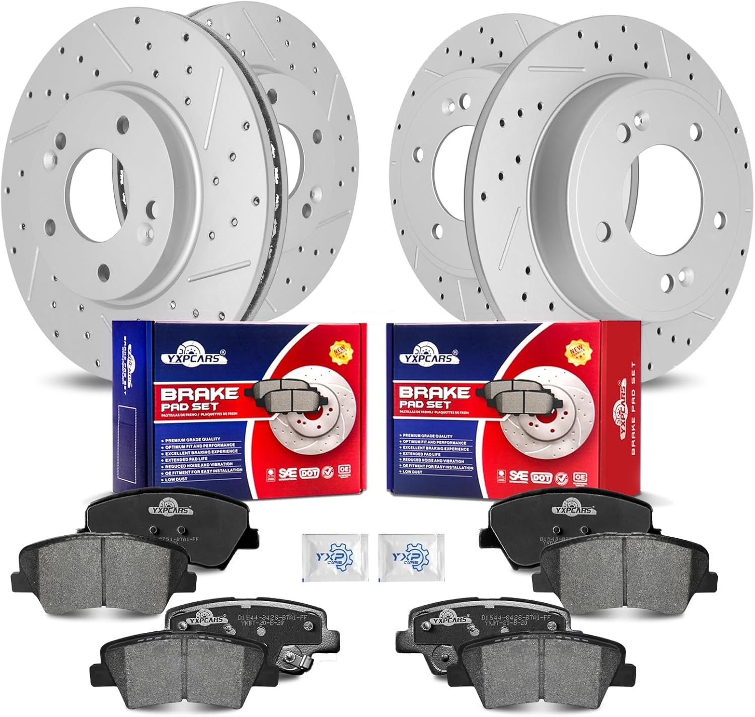 Front & Rear Drilled Slotted Rotors and Ceramic Disc Brake Pads Kit for Hyundai Elantra (Gt) 2013-2016/ Elantra Coupe 2013-2014/ Veloster 2012, for Kia Forte (Koup) 2014 2015 2016