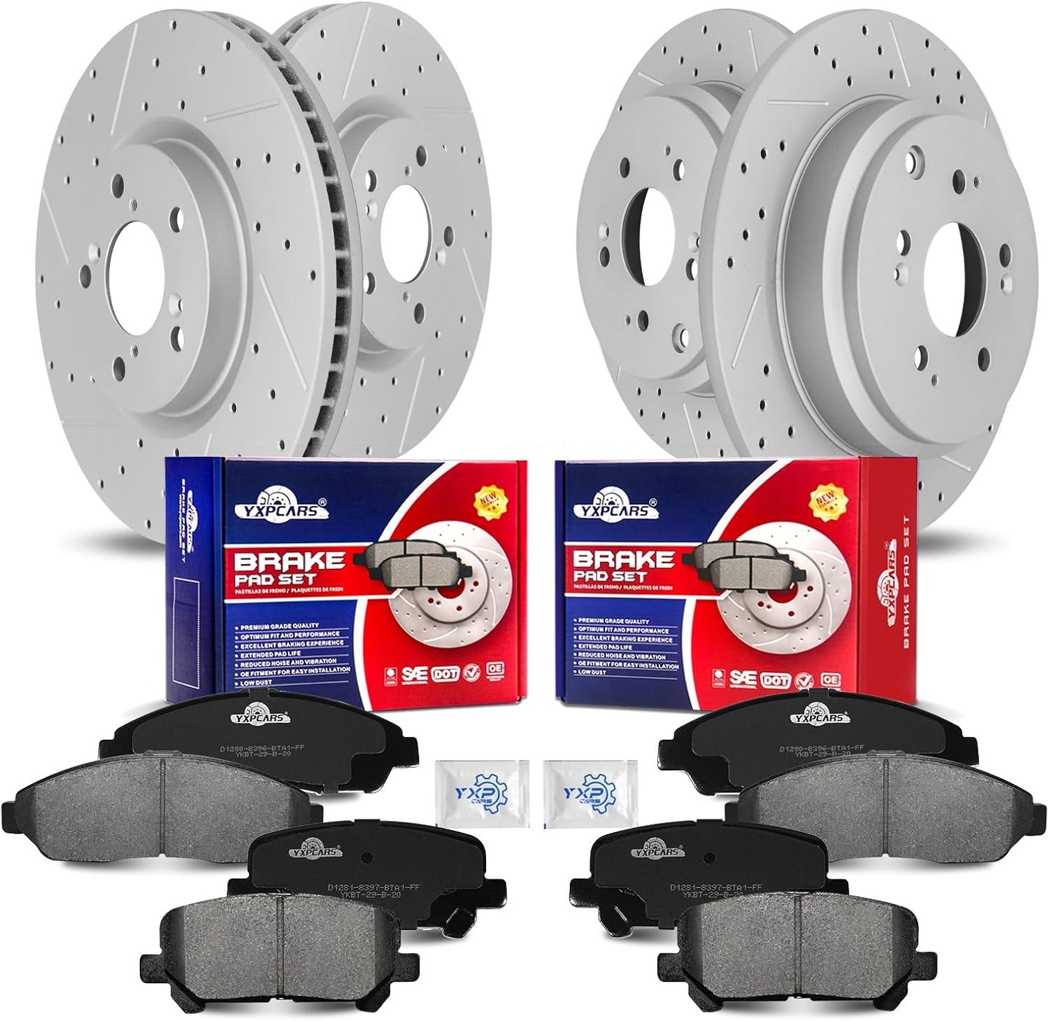 Front & Rear Drilled Slotted Rotors and Ceramic Disc Brake Pads Kit for Acura Zdx 2010-2013/ Mdx 2007 2008 2009 2010 2011 2012 2013, for Honda Pilot 2009-2014 2015