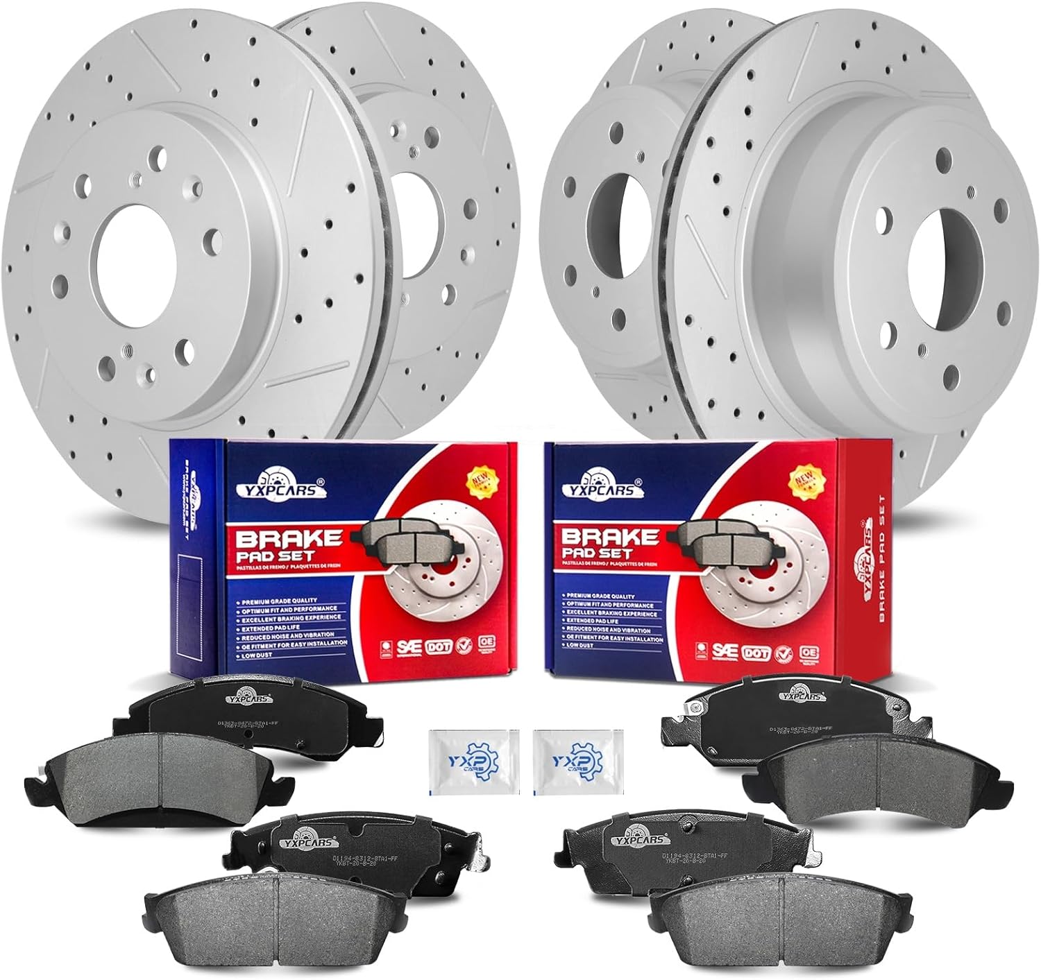 Front & Rear Drilled Slotted Rotors and Ceramic Disc Brake Pads Kit for Cadillac Escalade (Esv/Ext), for Chevry Avalanche/Silverado 1500/ Suburban 1500, for Gmc Sierra 1500/ Yukon (Xl 1500)