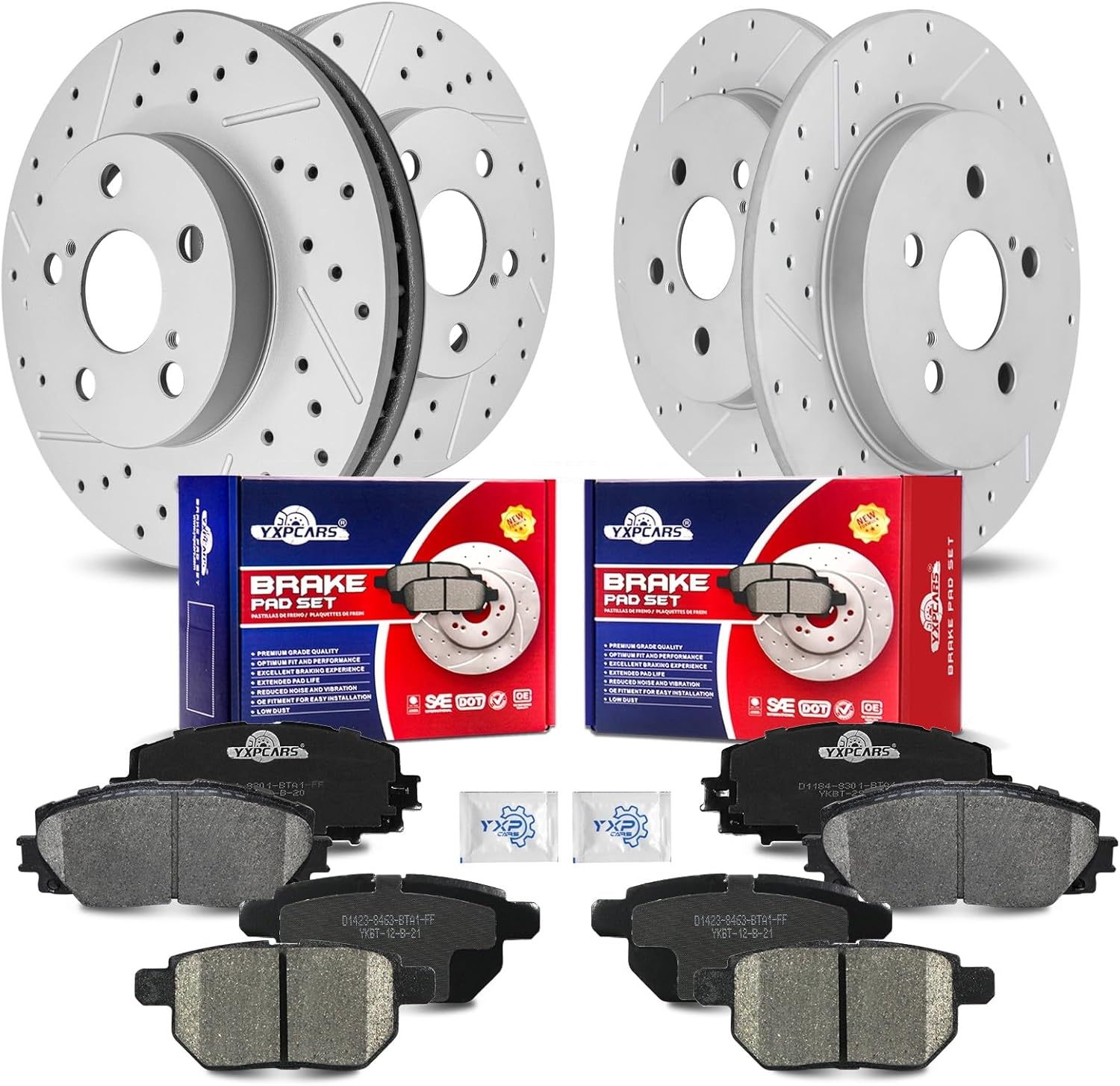 Front & Rear Drilled Slotted Rotors and Ceramic Disc Brake Pads Kit for Toyota Prius Plug-In 2012-2013/ Prius 2010-2014 2015, for Lexus Ct200H 2011-2013 with 259.0 mm Rear Rotor