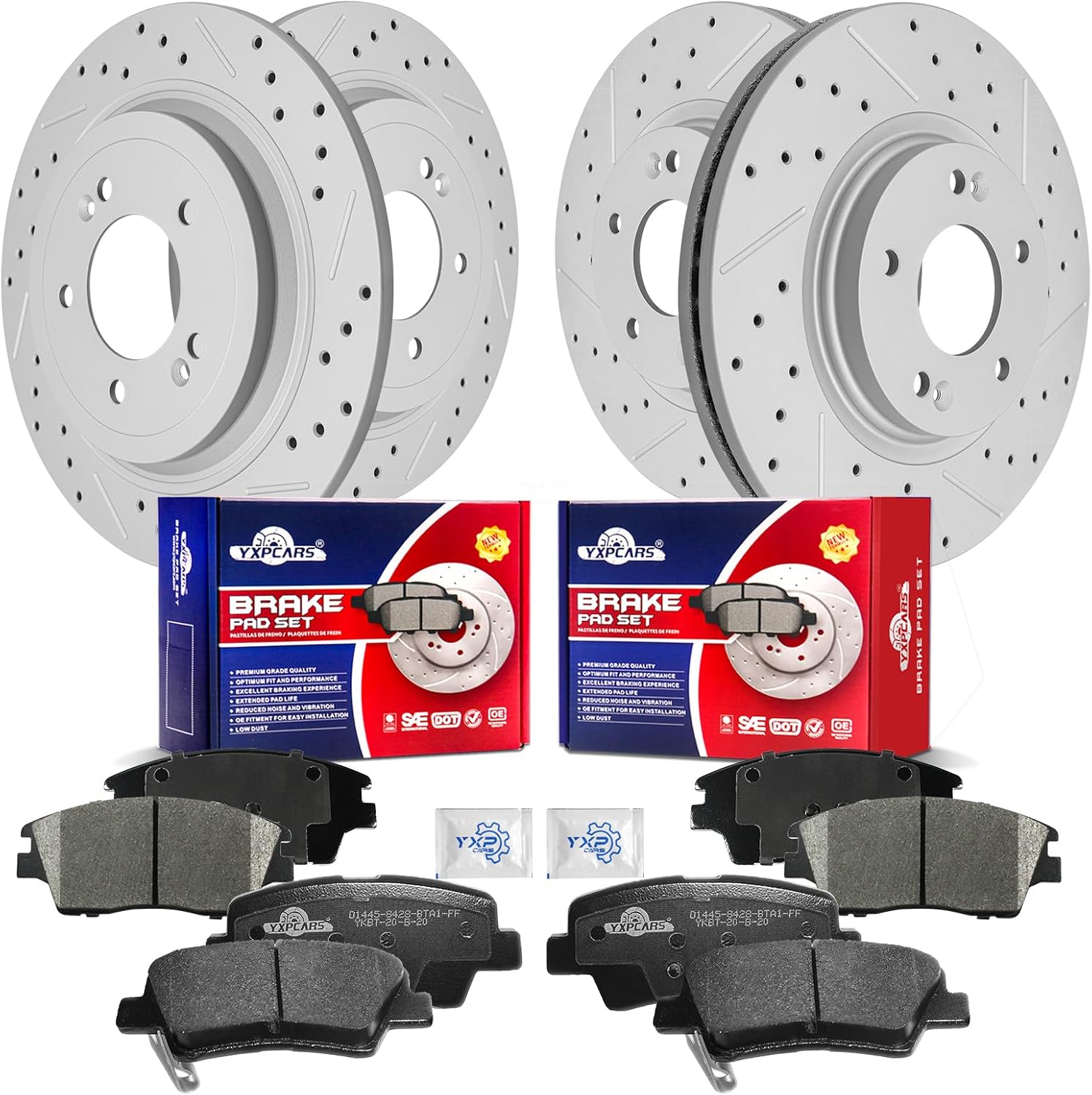 Front & Rear Drilled Slotted Rotors and Ceramic Disc Brake Pads Kit for Kia Sportage 2017 2018 2019 2020 2021 2022 Manual, for Hyundai Tucson 2016-2018/ Tucson 2019-2021 Manual