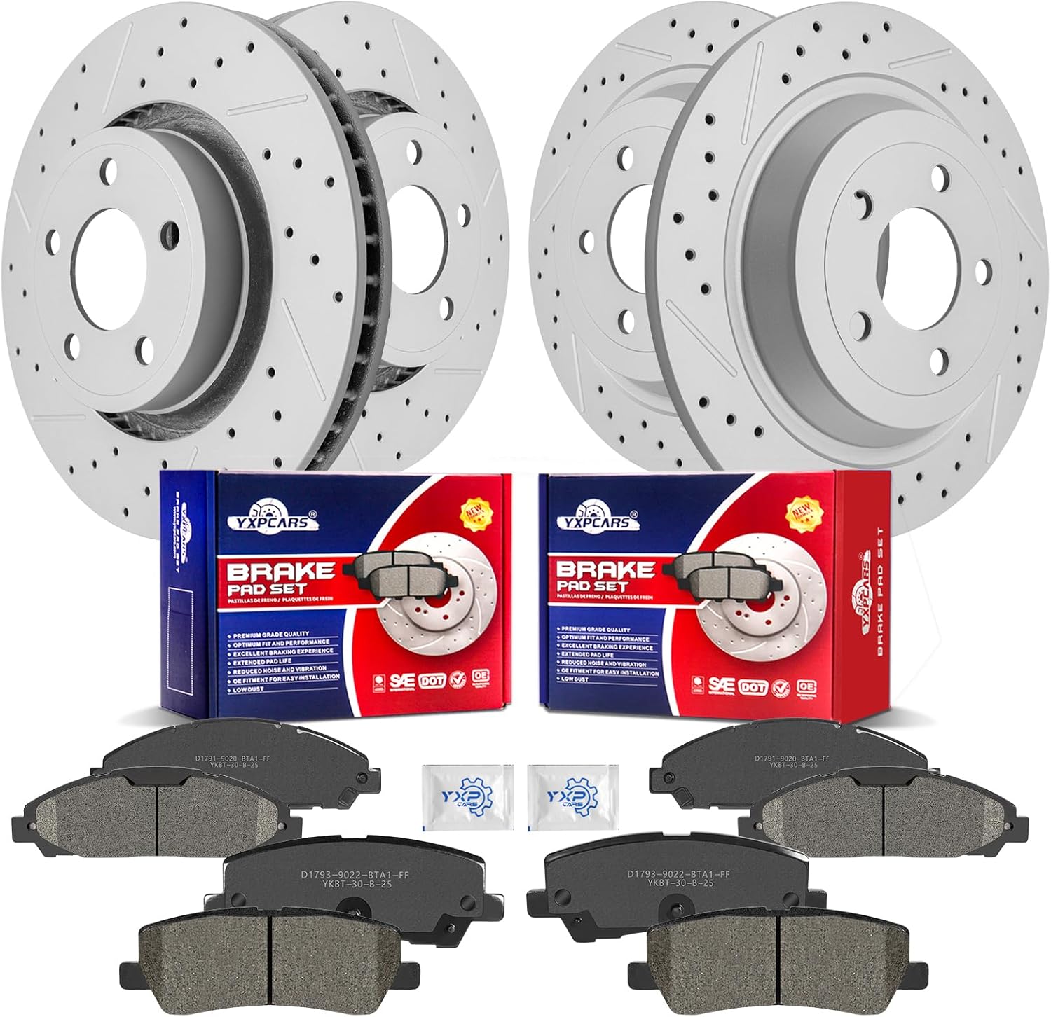 Front & Rear Drilled Slotted Rotors and Ceramic Disc Brake Pads Kit for Ford Mustang 2015-2017 3.7L V6 with 12.60 inch (320mm) Solid Rear Rotor