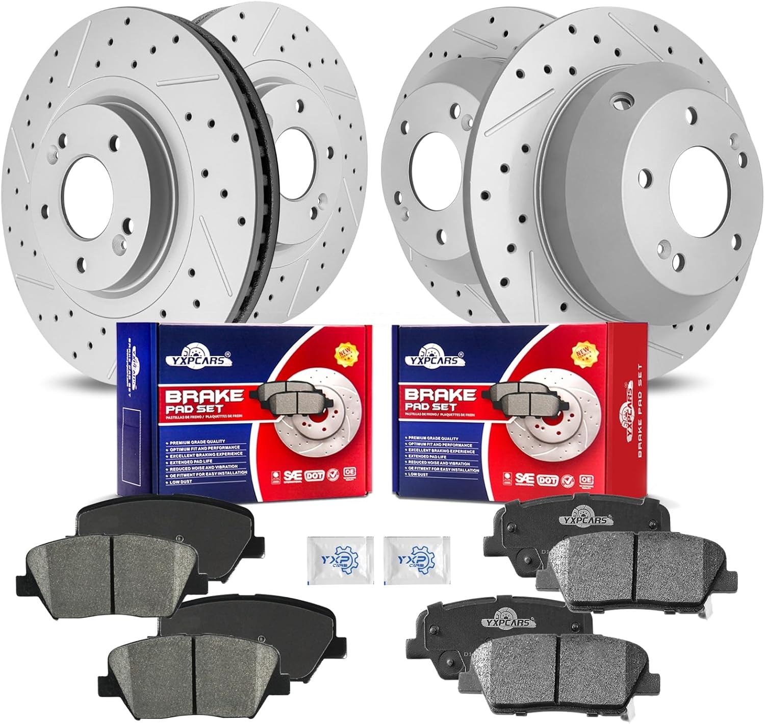 Front & Rear Drilled Slotted Rotors and Ceramic Disc Brake Pads Kit for Hyundai Santa Fe Sport 2013-2016 2.4L/2.0L, for Kia Sorento 2014-2015 with Plain Caliper