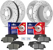 Front & Rear Drilled Slotted Rotors and Ceramic Disc Brake Pads Kit for Hyundai Santa Fe Sport 2013-2016 2.4L/2.0L, for Kia Sorento 2014-2015 with Plain Caliper