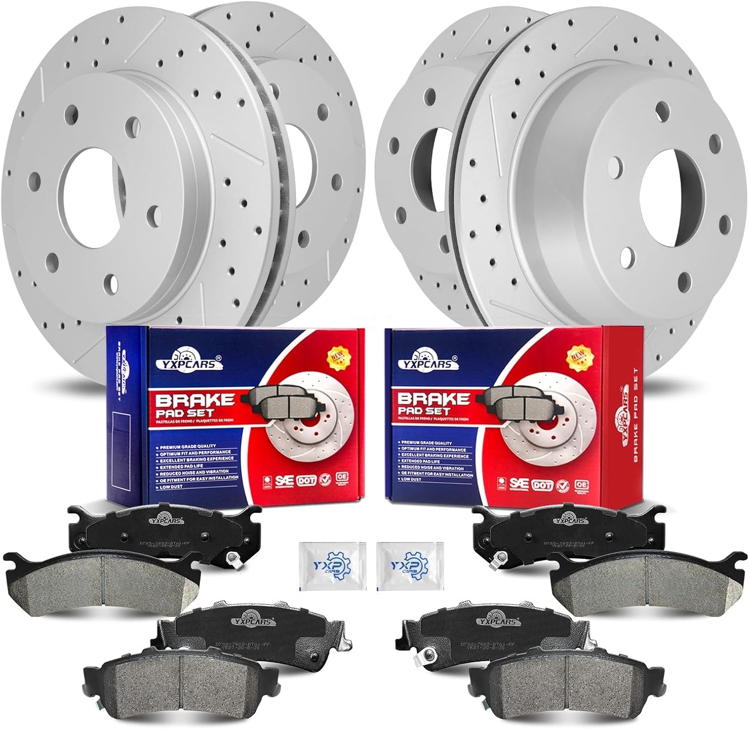 Front & Rear Drilled Slotted Rotors and Ceramic Disc Brake Pads Kit for Chevry Silverado 1500 1999-2000/ Astro 2003-2005, for Gmc Sierra 1500 1999-2000/ Safari 2003 2004 2005