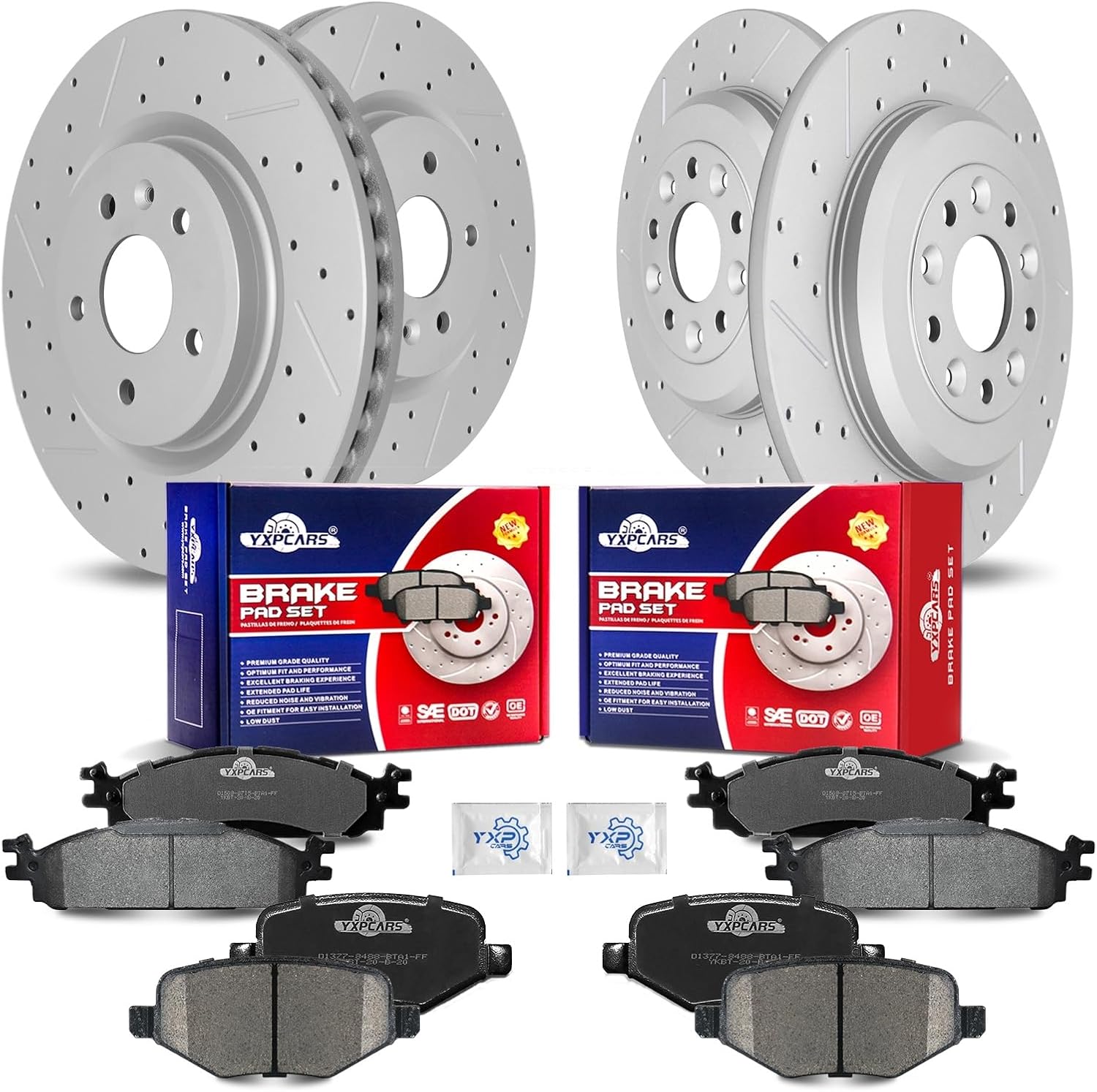 Front & Rear Drilled Slotted Rotors and Ceramic Disc Brake Pads Kit for Lincoln MKS 2011-2012/ MKT, for Ford Explorer 2011-2012/ Flex 2009-2011/ Taurus 2010-2014 2016 2017 2018 2019 Limited/SE/SEL