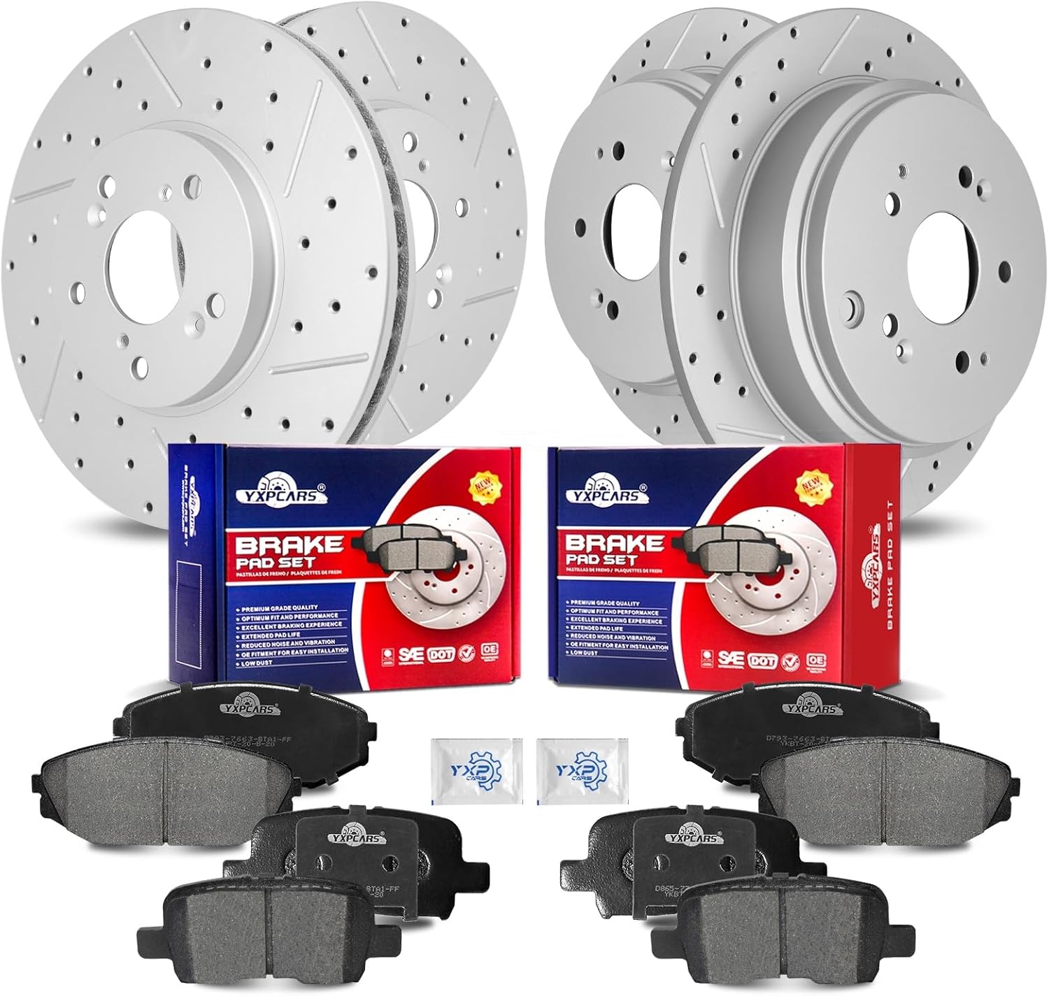Front & Rear Drilled Slotted Rotors and Ceramic Disc Brake Pads Kit for Honda Odyssey 2002 2003 2004