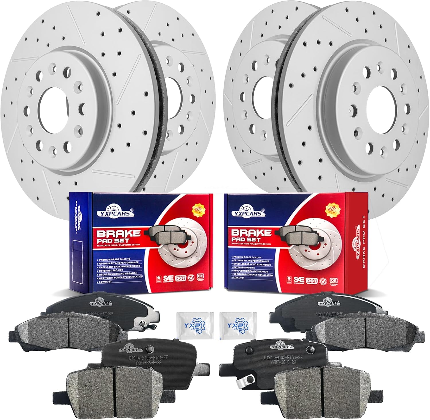 Front & Rear Drilled Slotted Rotors and Ceramic Disc Brake Pads Kit for Gmc Acadia 2017-2020, for Buick Enclave 2020/ Enclave Fwd 2018-2019