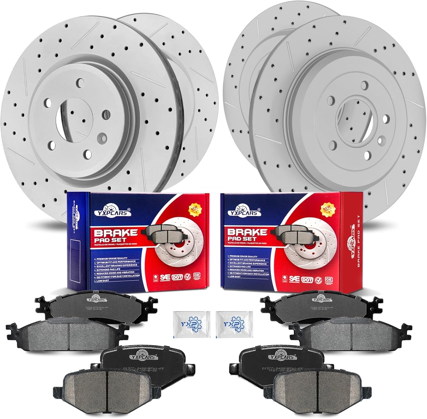 Front & Rear Drilled Slotted Rotors and Ceramic Disc Brake Pads Kit for Ford Explorer 2011-2012/ Flex 2009-2011/ Taurus 2010-2014 2016-2019 Limited/SE/SEL, for Lincoln MKS/MKT