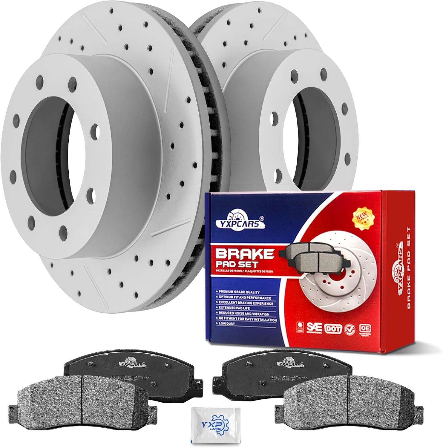 Ceramic Front Brakes Pad and Rotors Drilled Slotted Vented Replacement Disc Brake Kits for Ford F-450 Super Duty 2010 2011 2012 Built After 02/22/2010