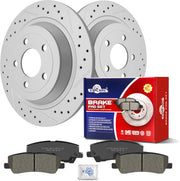 Ceramic Rear Brakes Pad and Rotors Drilled Slotted Solid Replacement Disc Brake Kits for Ford Mustang 2015 2016 2017 3.7L V6 with Solid Rear Rotors