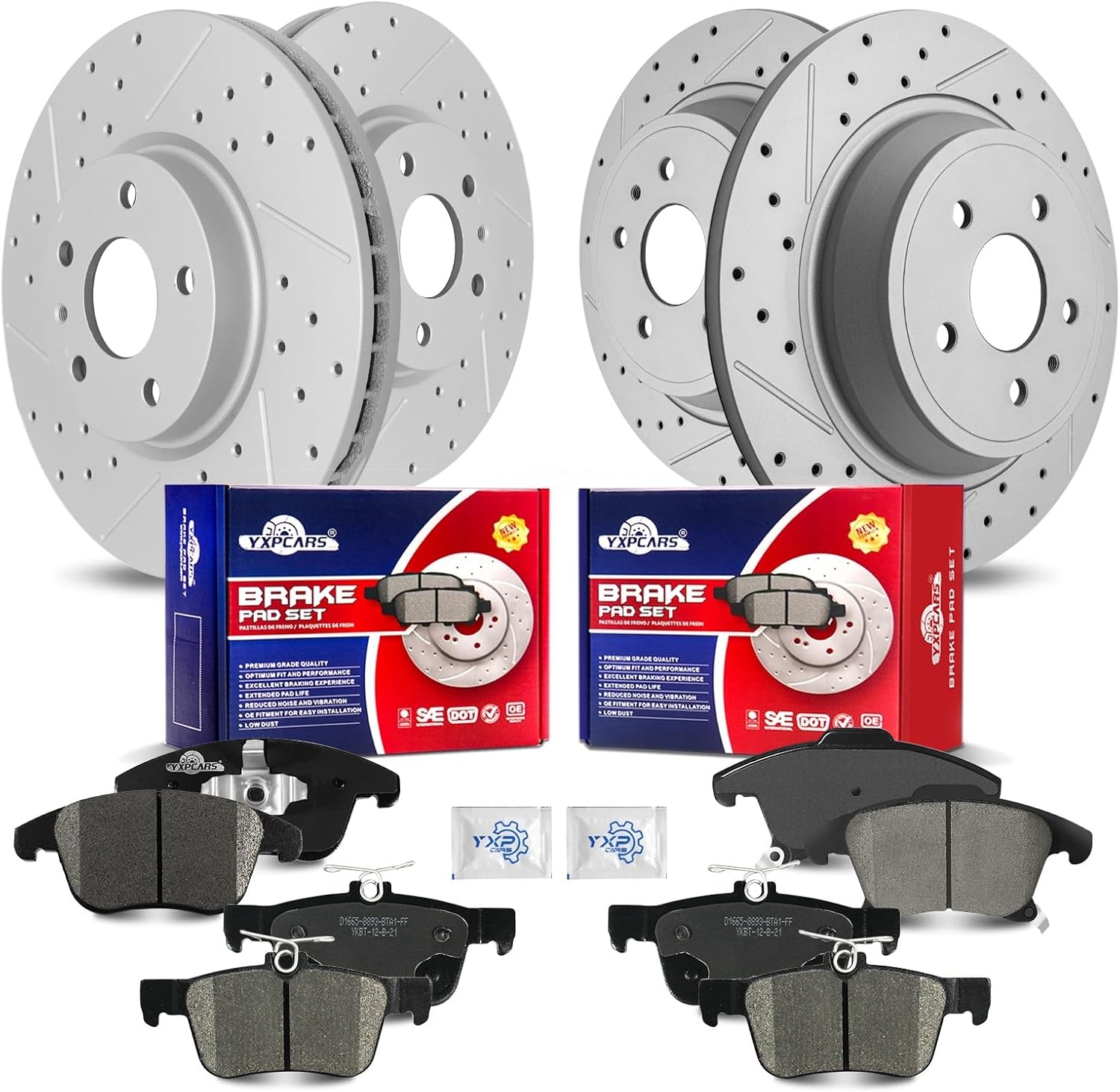 Front & Rear Drilled Slotted Rotors and Ceramic Disc Brake Pads Kit for Ford Fusion 2013 20014 2015 2016 2017 2018 2019 2020, for Lincoln Mkz Hybrid 2013-2016