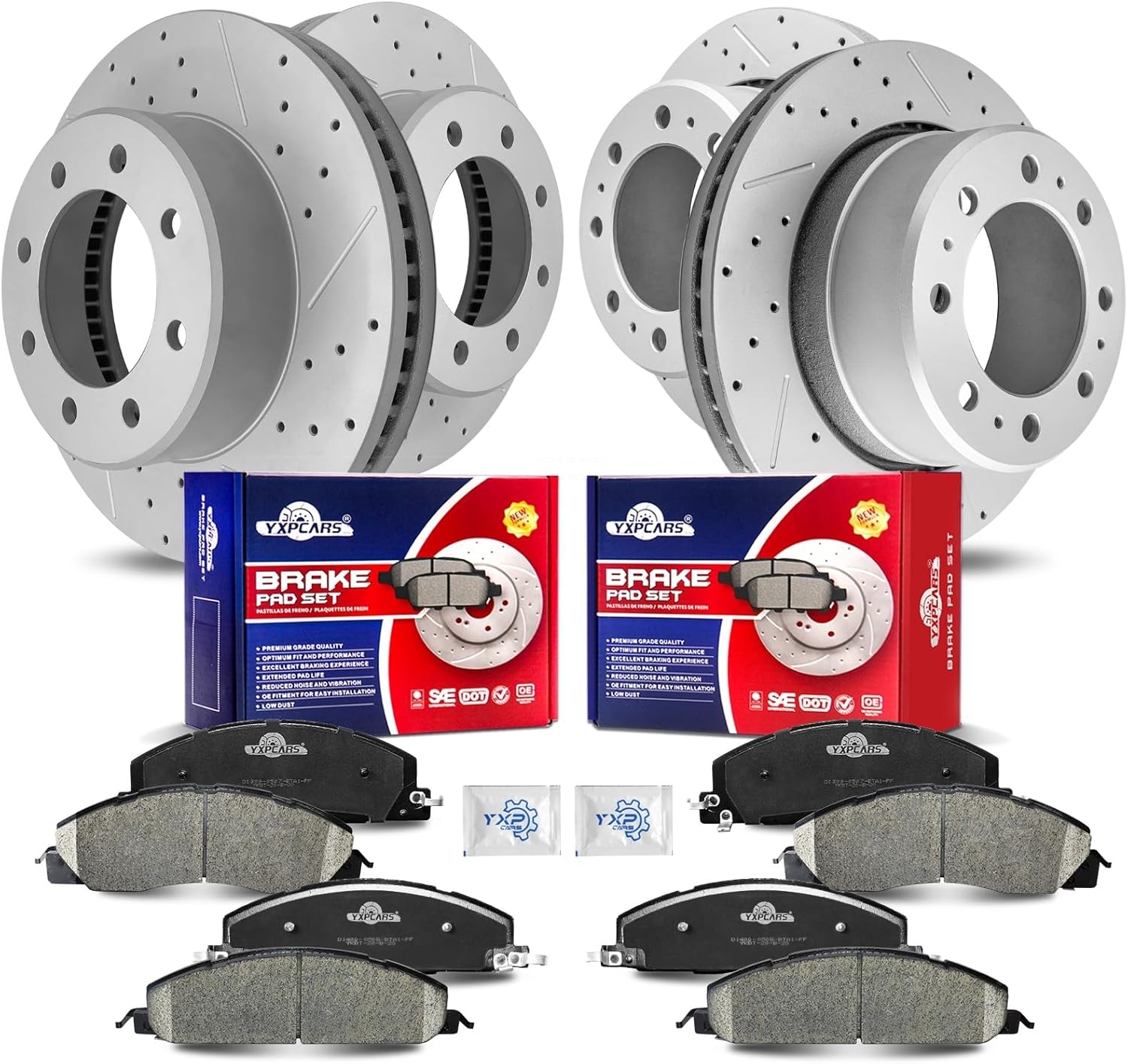 Front & Rear Drilled Slotted Rotors and Ceramic Disc Brake Pads Kit for Dodge Ram 2500 3500 2009-2010, for Ram 2500 3500 2011 2012 2013 2014 2015 2016 2017 2018, for Ram 1500 2012 With 8 Lug