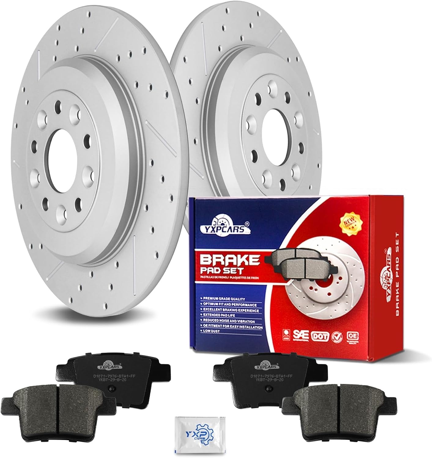 Ceramic Rear Brakes Pad and Rotors Drilled Slotted Solid Replacement Disc Brake Kits for Ford Taurus X 2008-2009/ Freestyle Five Hundred 2005 2006 2007, for Mercury Montego 2005-2007/ Sable 2008-2009
