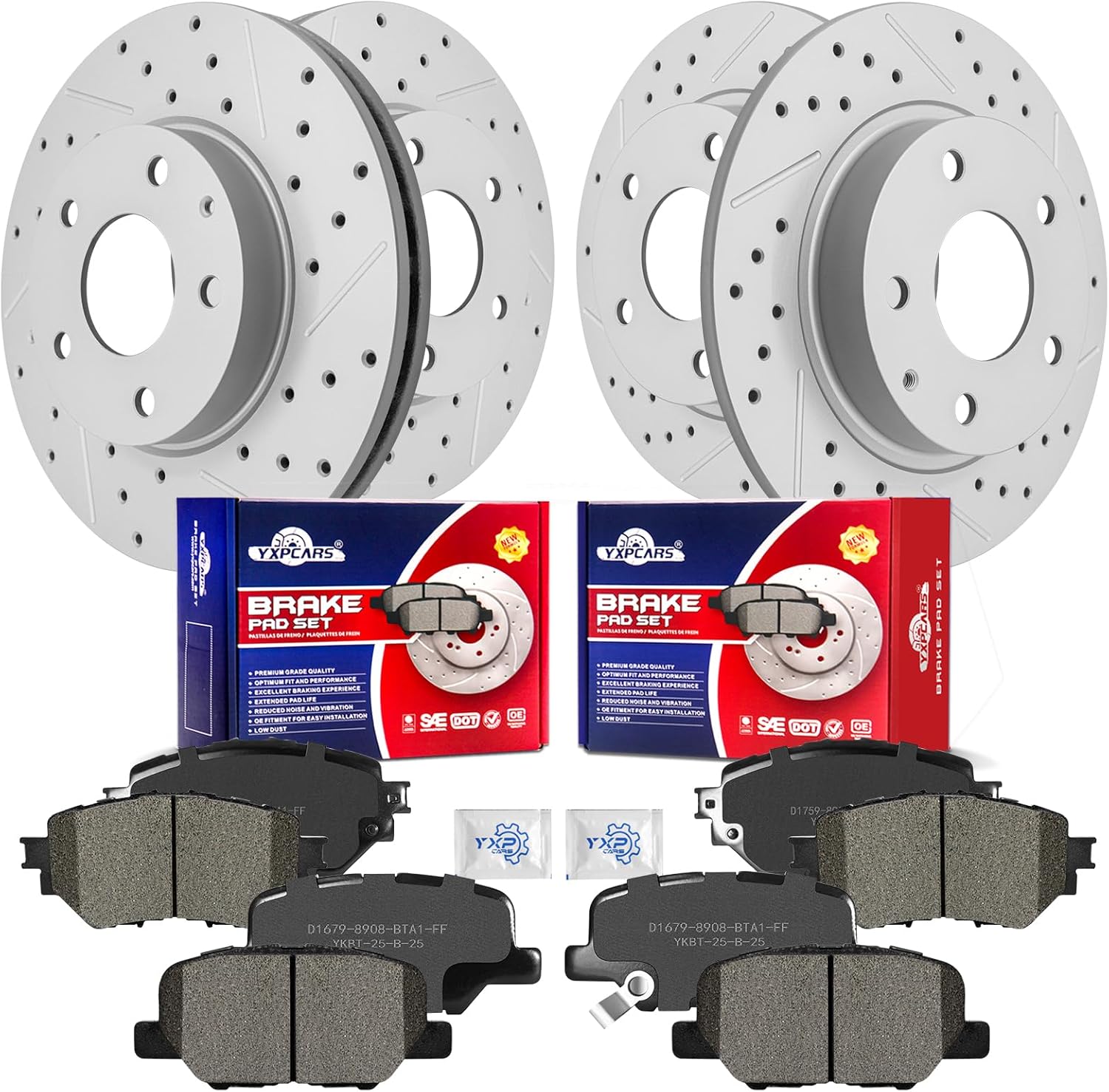 Front & Rear Drilled Slotted Rotors and Ceramic Disc Brake Pads Kit for Mazda 3 2014-2016/3 2017-2018 With Manual Parking Brake/ 3 Sport 2014 Gs Gx