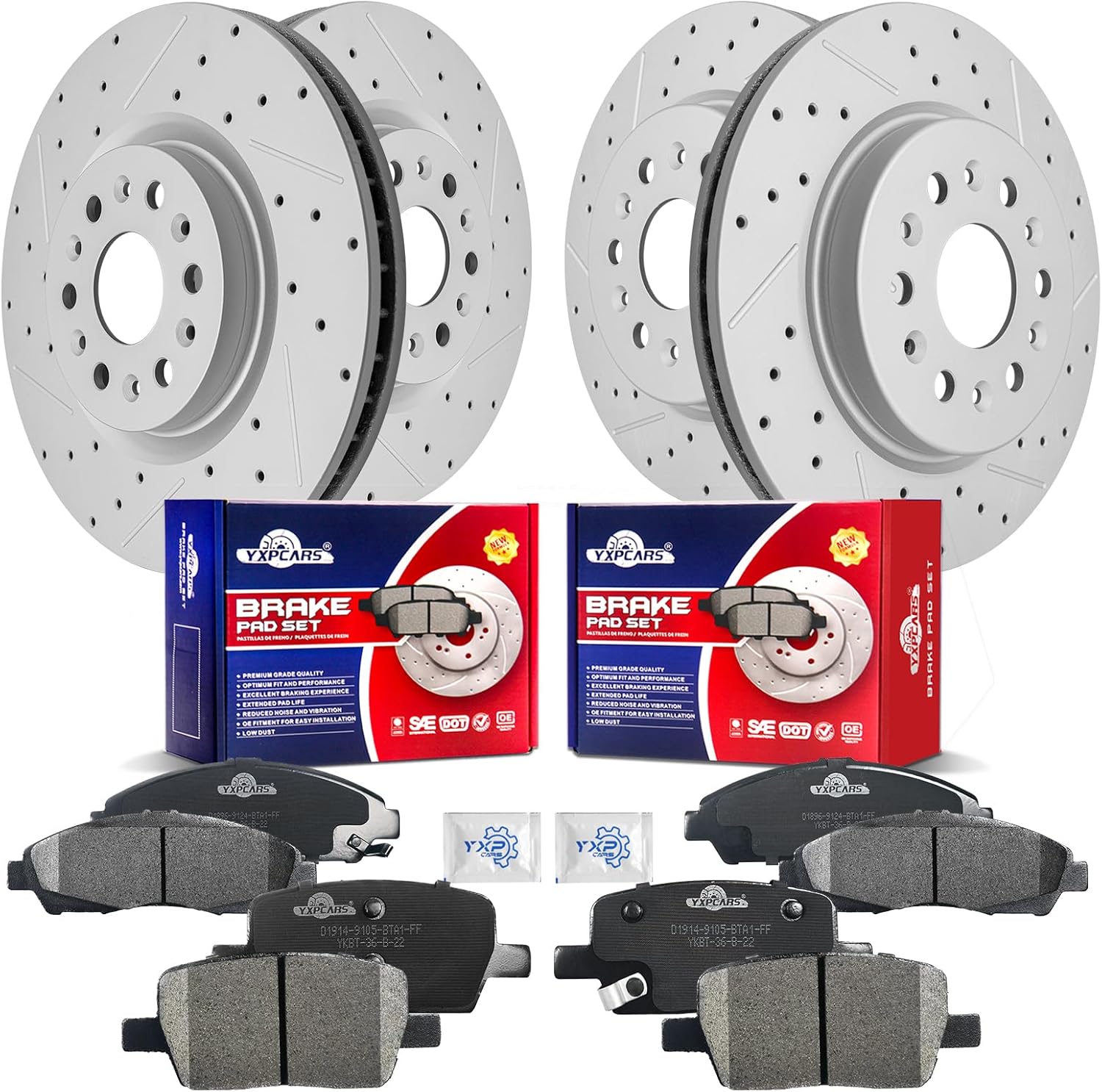 Front & Rear Drilled Slotted Rotors and Ceramic Disc Brake Pads Kit for Cadillac Xt5 2017-2020/ Xt6 2020, for Buick Enclave 2018 2019 2020 with 345.0 mm Front Rotor