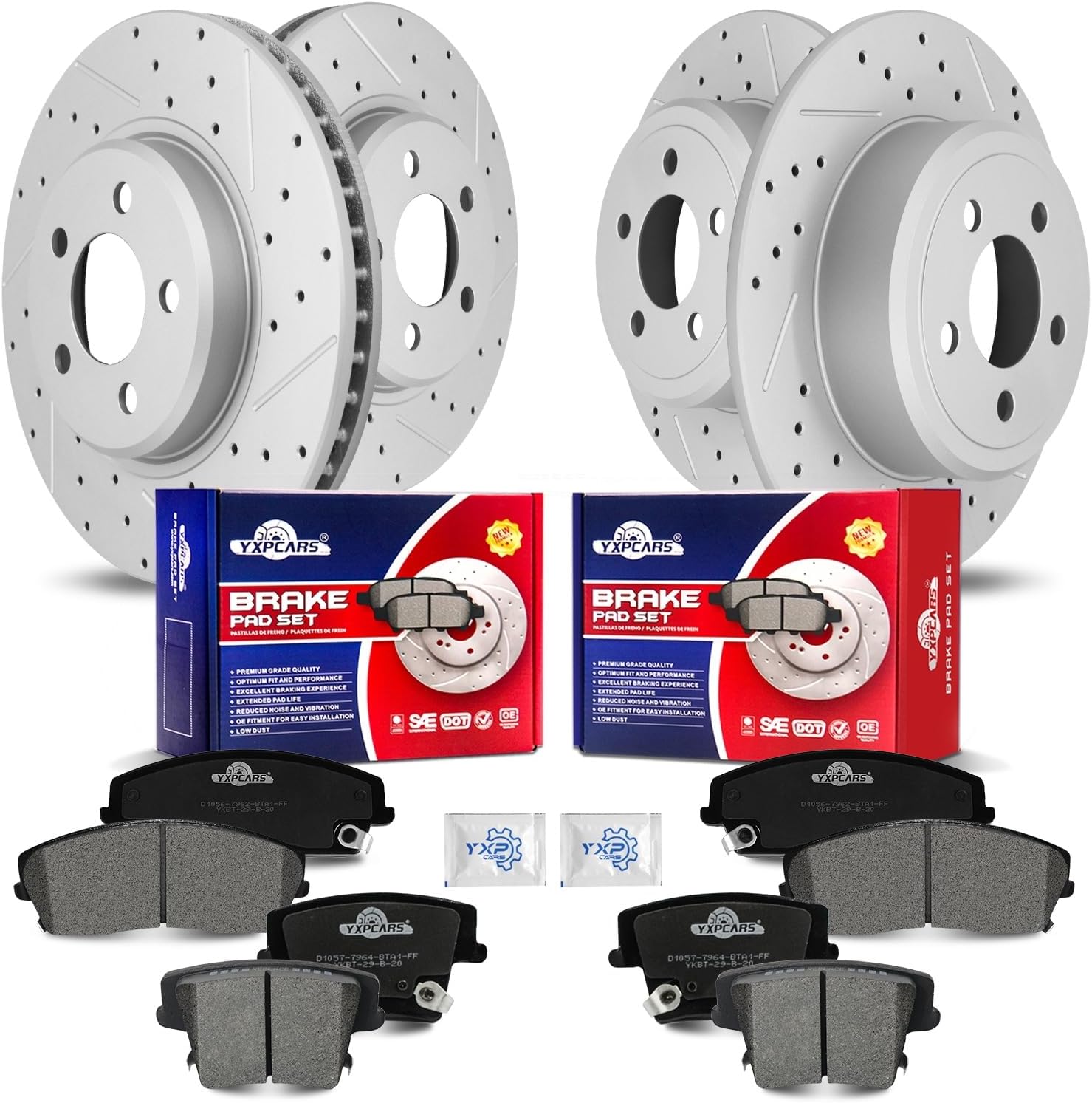 Front & Rear Drilled Slotted Rotors and Ceramic Disc Brake Pads Kit for Chrysler 300 2005-2011, for Dodge Challenger 2009-2011/ Charger 2006-2010/ Magnum 2005 - 2008