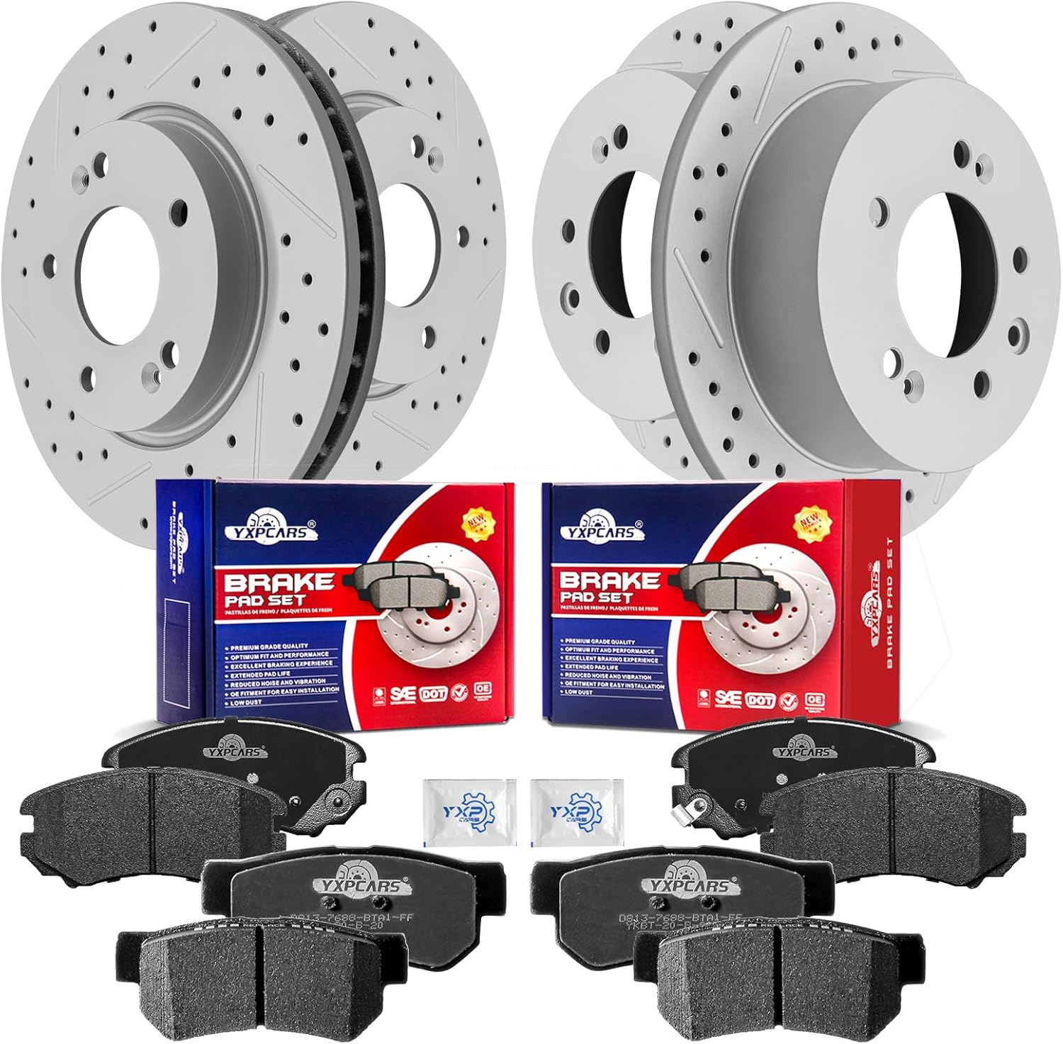 Front & Rear Drilled Slotted Rotors and Ceramic Disc Brake Pads Kit for Chevy Monte Carlo 2006-2007/ Impala 2006-2009/ Impala 2010 Drum In Hat Parking Brake