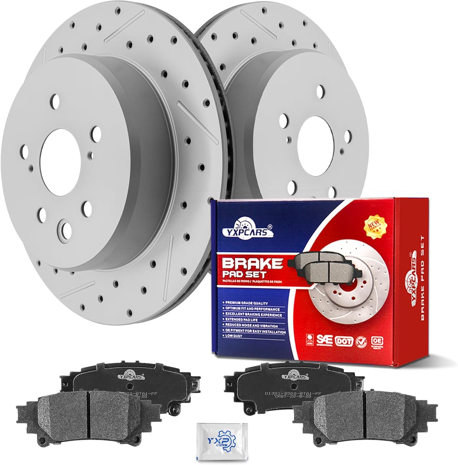 Ceramic Rear Brakes Pad and Rotors Drilled Slotted Vented Replacement Disc Brake Kits for LEXUS IS350 Base F Sport 2014-2015, for GS450H GS350 RC350 GS200T IS200T RC200T IS300 IS350 RC300