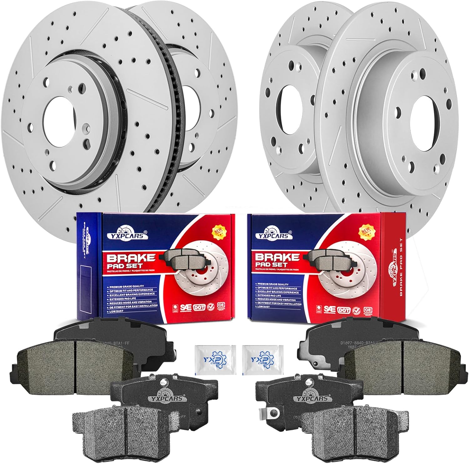 Front & Rear Drilled Slotted Rotors and Ceramic Disc Brake Pads Kit for Acura Ilx 2017-2018