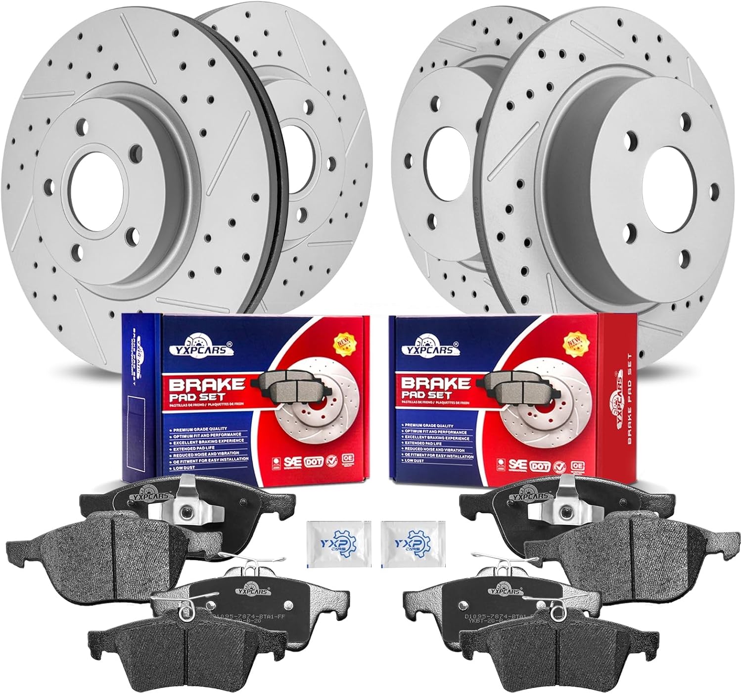 Front & Rear Drilled Slotted Rotors and Ceramic Disc Brake Pads Kit for Ford C-Max 2013-2017 Plug-In Hybrid Ev-Gas (Phev), Escape 2013 2014 2015 2016 2.5L, Escape 2013-2016 Fwd and1.6L