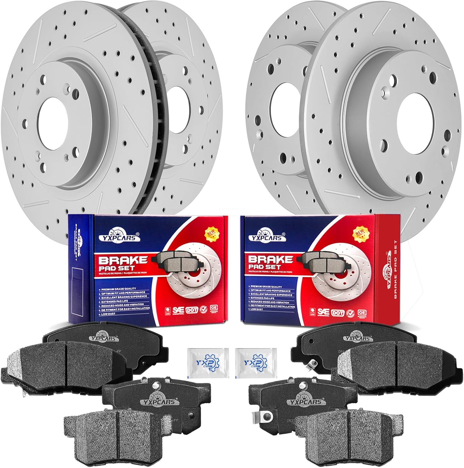 Front & Rear Drilled Slotted Rotors and Ceramic Disc Brake Pads Kit for Honda Civic Si Hfp/Si 2012, Civic Si 2013-2015, for Acura Ilx 2013 2014 2015 with 2.4L