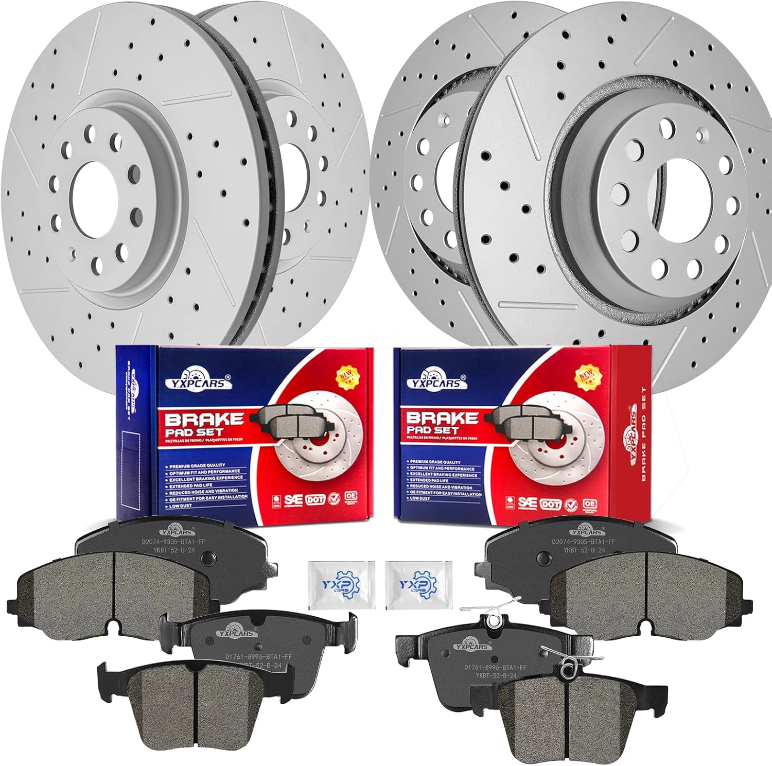 Front & Rear Drilled Slotted Rotors and Ceramic Disc Brake Pads Kit for Volkswagen Atlas Cross Sport 2020-2022/ Atlas 2018 2019 2020 2021 2022